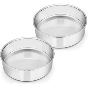E-far 9½-inch Cake Pan with Rack Set, Stainless Steel Round Cake Pans and Baking Cooling Racks, Non Toxic & Healthy, Mirror Polished & Dishwasher Safe – 4 Pieces (2 Pans + 2 Racks)(6″ Cake Pan Set of 2)