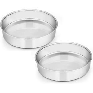 E-far 9½-inch Cake Pan with Rack Set, Stainless Steel Round Cake Pans and Baking Cooling Racks, Non Toxic & Healthy, Mirror Polished & Dishwasher Safe – 4 Pieces (2 Pans + 2 Racks)(9½” Cake Pan Set of 2)
