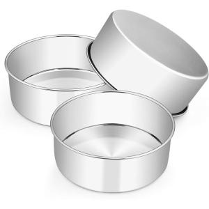 E-far Cake Pans Set of 3, 8 x 3 Inch Stainless Steel Round Cake Baking Pans, Deep Metal Cake Tins for Wedding Birthday, Non-toxic & Dishwasher Safe, Mirror Finish & Straight Side(3)