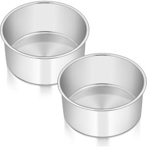 E-far Cake Pans Set of 3, 8 x 3 Inch Stainless Steel Round Cake Baking Pans, Deep Metal Cake Tins for Wedding Birthday, Non-toxic & Dishwasher Safe, Mirror Finish & Straight Side(2)