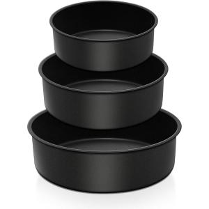 E-far Deep Cake Pan Set of 3 (4/6/8 Inch), Nonstick Stainless Steel Round Cake Pans Tins for Baking Layer Wedding Cakes, Stainless Steel Core & Nontoxic Coating, Deep & Straight Side(9.5/8/6×3 In)