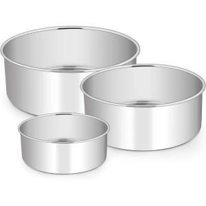 E-far Deep Cake Pan Set of 3 (6 inch/8 inch/9½ inch), Stainless Steel Round Layer Cake Baking Pans, Metal Tier Cake Tins for Wedding Birthday, Leak Proof & Straight Side, Non-toxic & Dishwasher Safe(4×2 6 x 3 8x3inches)