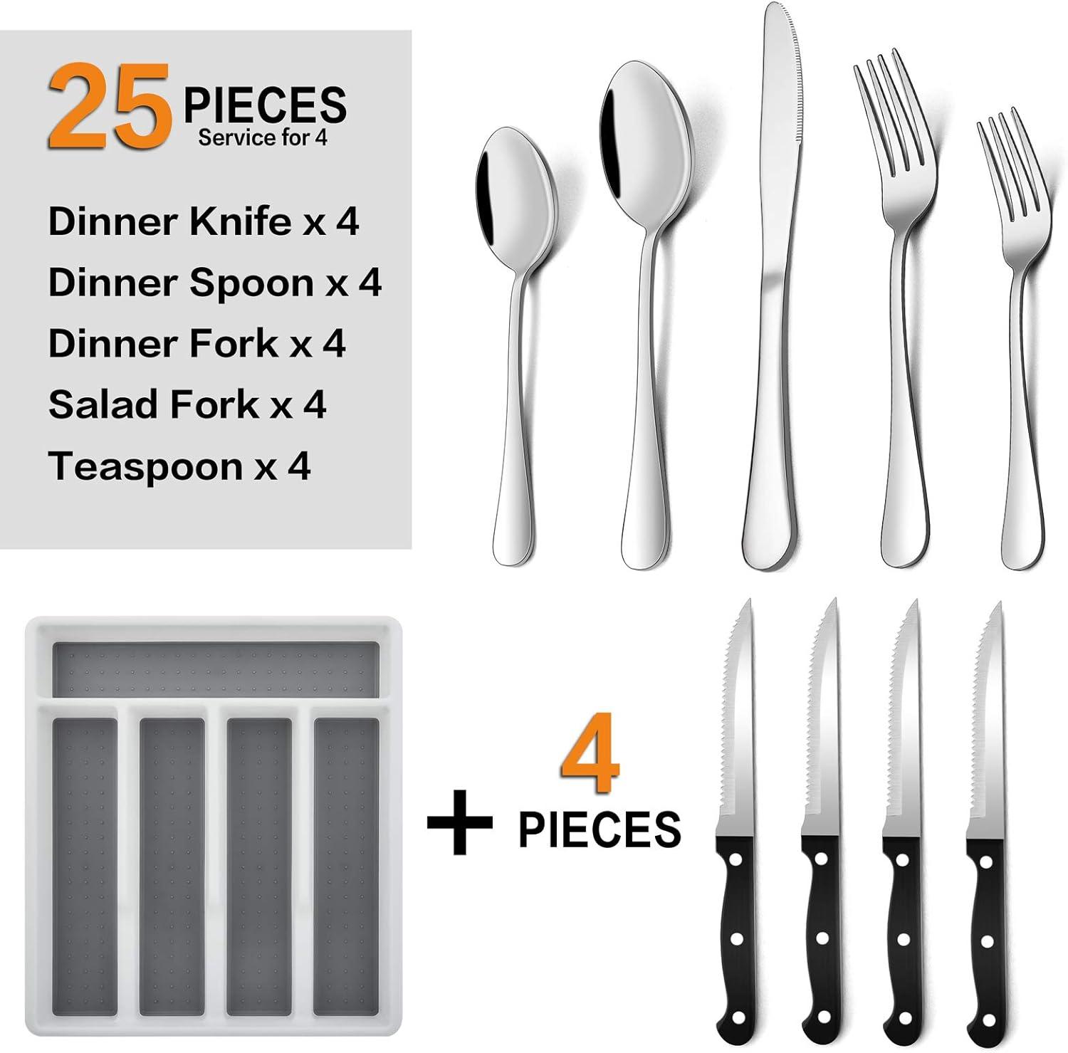imageEfar 24Piece Silverware Set with Steak Knives and Organizer Square Stainless Steel Cutlery Flatware Set for 4 Basic Tableware Eating Utensil for Kitchen Mirror Polished amp Dishwasher SafeSilver