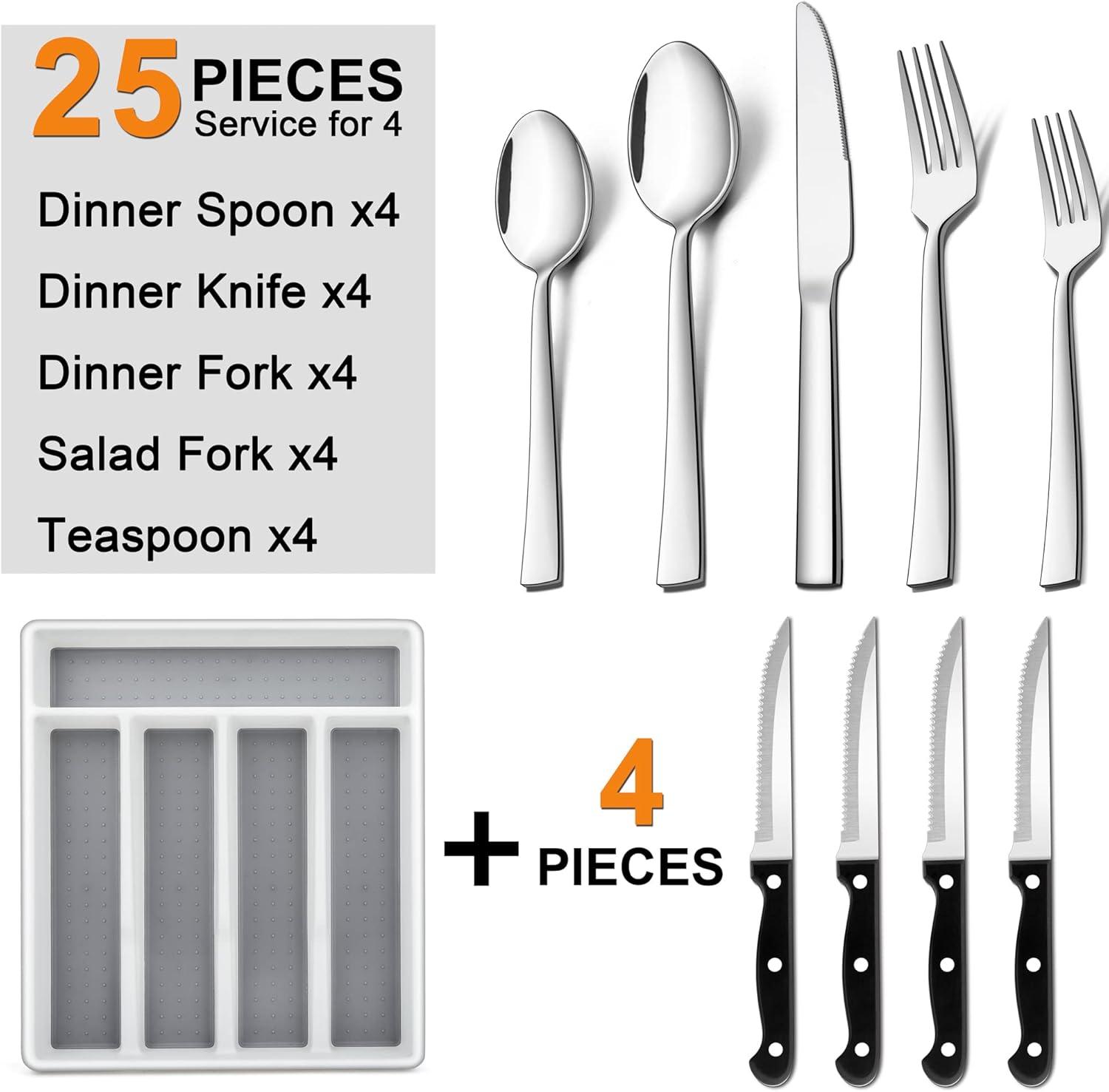 imageEfar 24Piece Silverware Set with Steak Knives and Organizer Square Stainless Steel Cutlery Flatware Set for 4 Basic Tableware Eating Utensil for Kitchen Mirror Polished amp Dishwasher SafeSilver