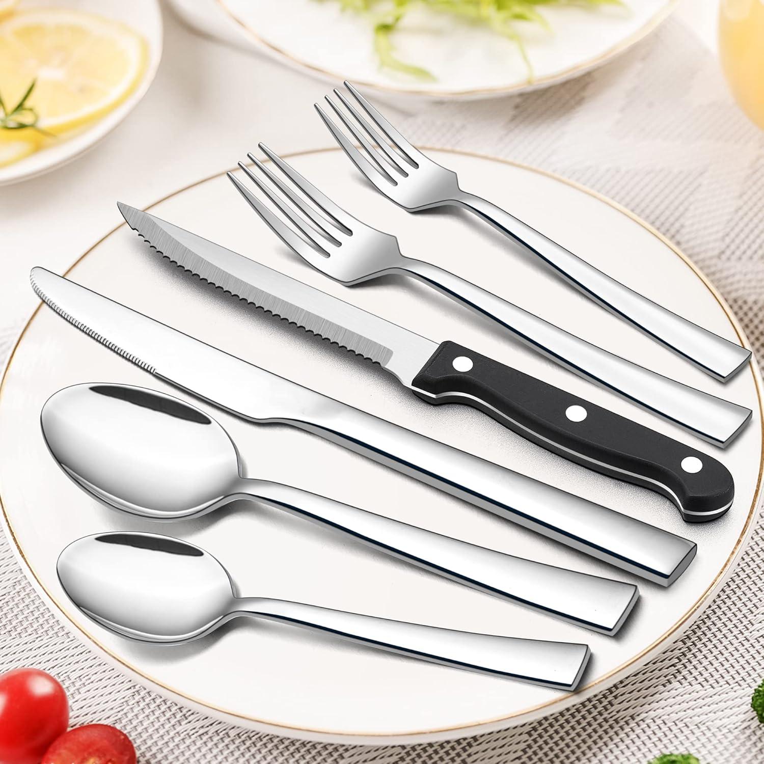 imageEfar 24Piece Silverware Set with Steak Knives and Organizer Square Stainless Steel Cutlery Flatware Set for 4 Basic Tableware Eating Utensil for Kitchen Mirror Polished amp Dishwasher SafeSilver