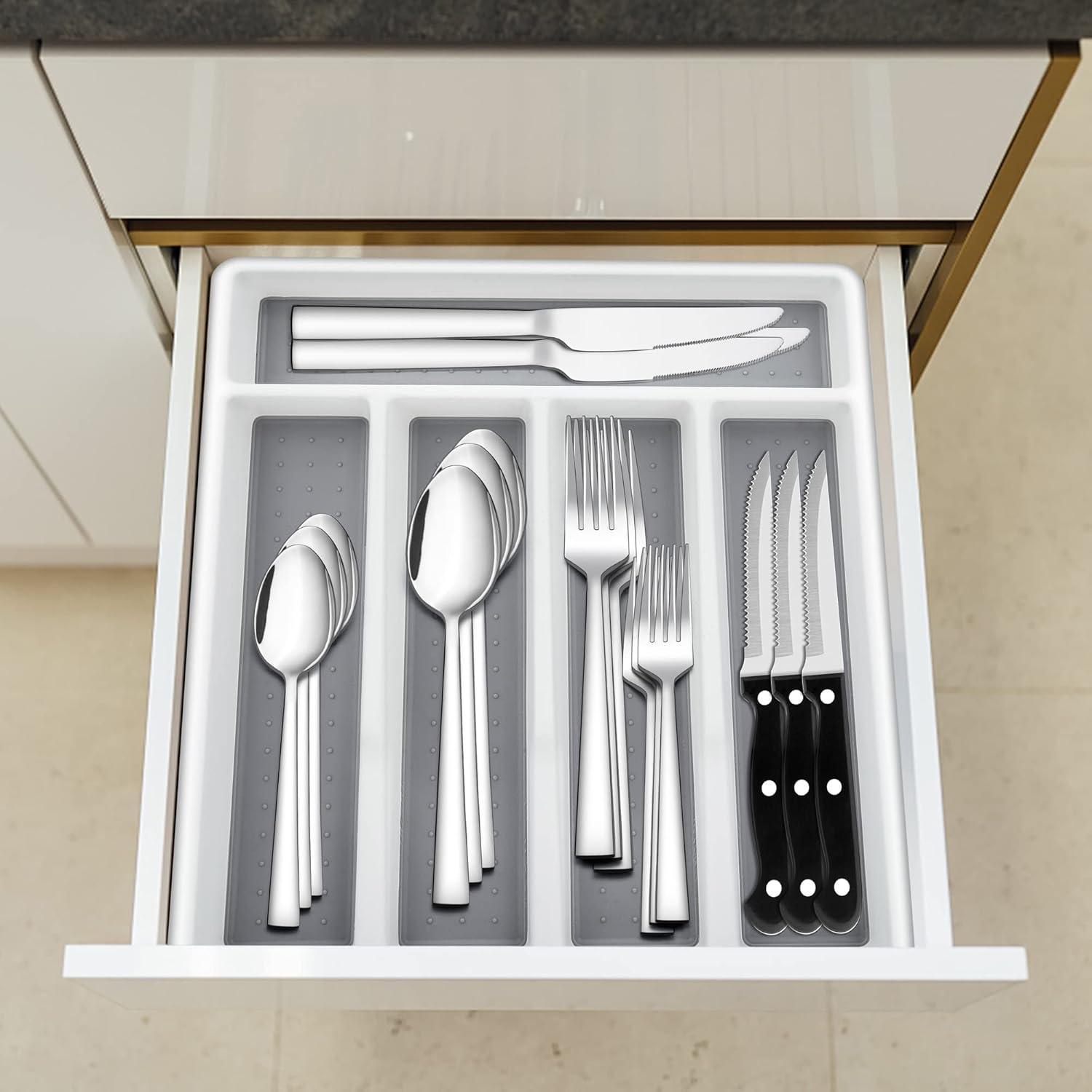 imageEfar 24Piece Silverware Set with Steak Knives and Organizer Square Stainless Steel Cutlery Flatware Set for 4 Basic Tableware Eating Utensil for Kitchen Mirror Polished amp Dishwasher SafeSilver