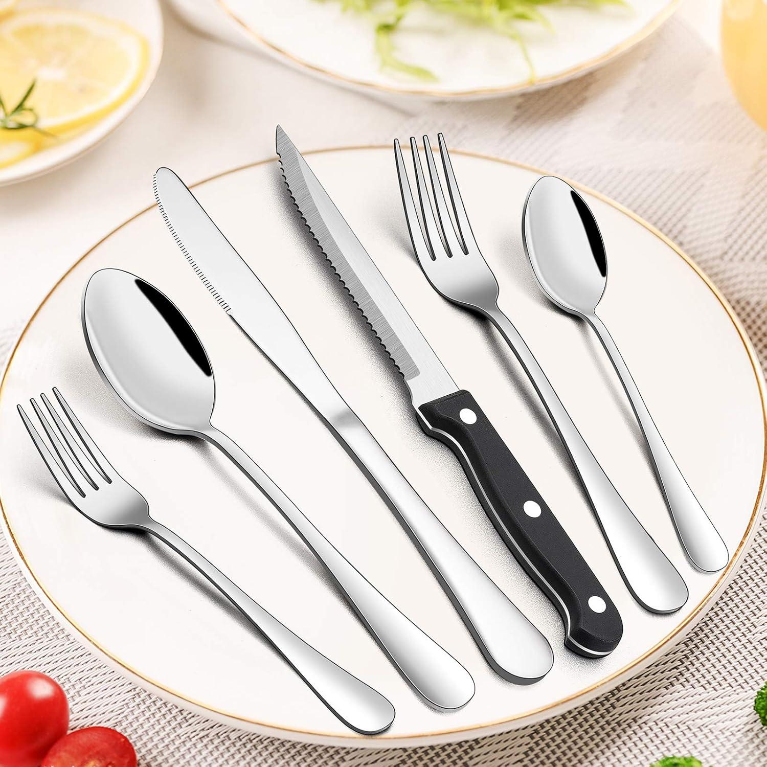 imageEfar 24Piece Silverware Set with Steak Knives and Organizer Square Stainless Steel Cutlery Flatware Set for 4 Basic Tableware Eating Utensil for Kitchen Mirror Polished amp Dishwasher SafeSilver
