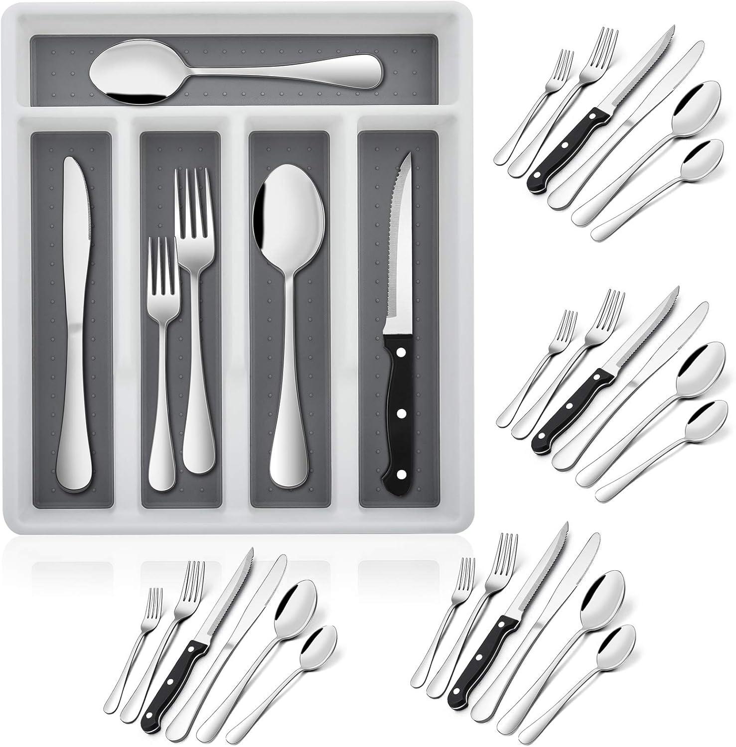 imageEfar 24Piece Silverware Set with Steak Knives and Organizer Square Stainless Steel Cutlery Flatware Set for 4 Basic Tableware Eating Utensil for Kitchen Mirror Polished amp Dishwasher SafeSilver