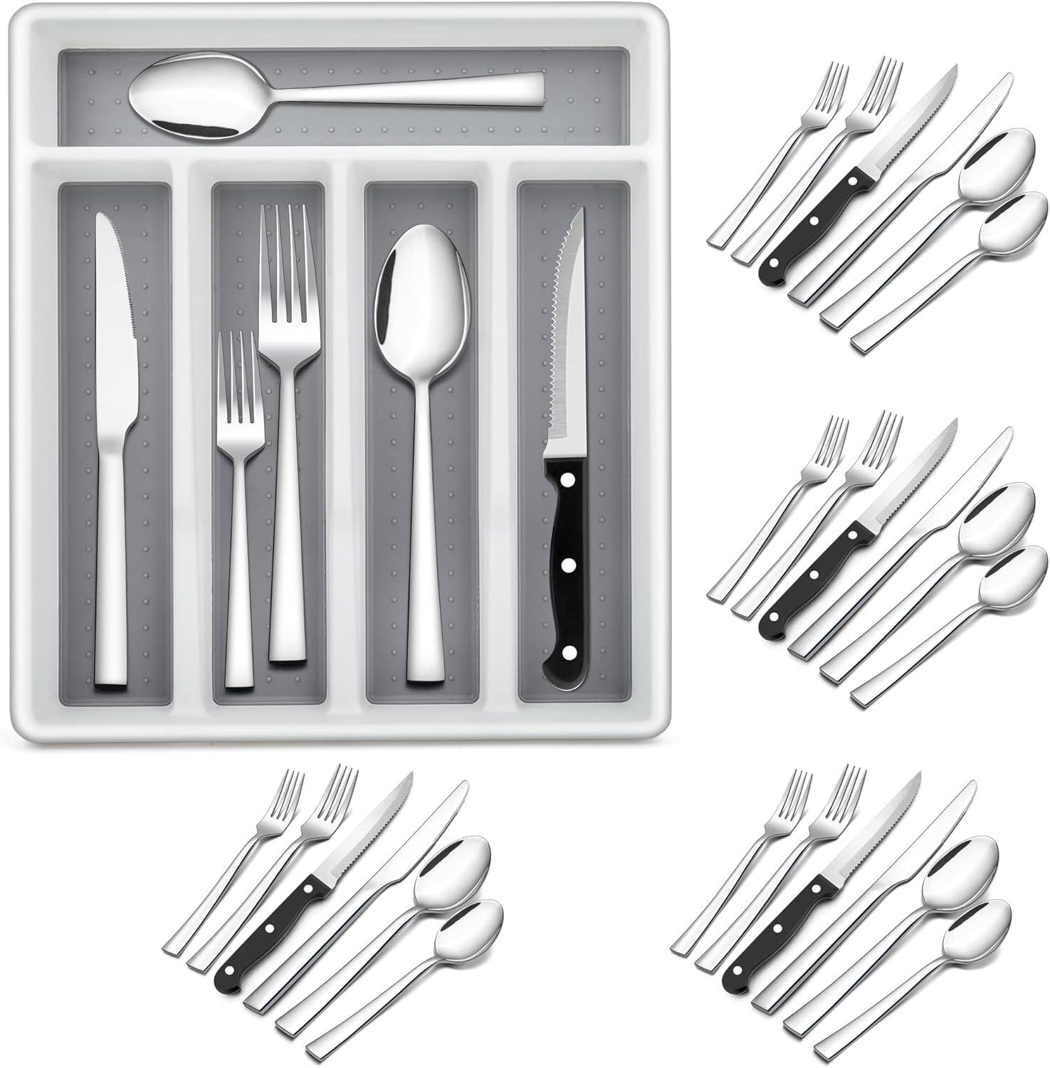 imageEfar 24Piece Silverware Set with Steak Knives and Organizer Square Stainless Steel Cutlery Flatware Set for 4 Basic Tableware Eating Utensil for Kitchen Mirror Polished amp Dishwasher SafeSilver