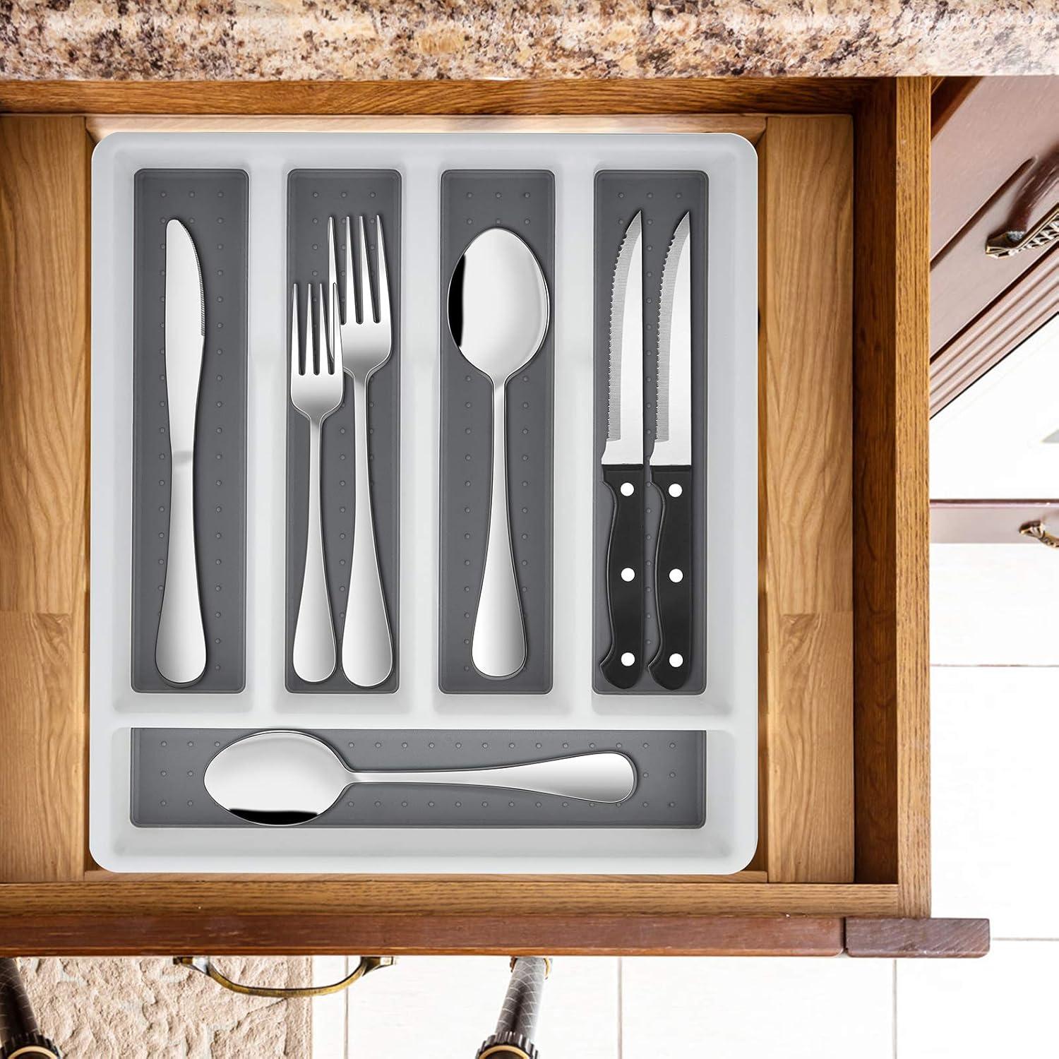 imageEfar 24Piece Silverware Set with Steak Knives and Organizer Square Stainless Steel Cutlery Flatware Set for 4 Basic Tableware Eating Utensil for Kitchen Mirror Polished amp Dishwasher SafeSilver