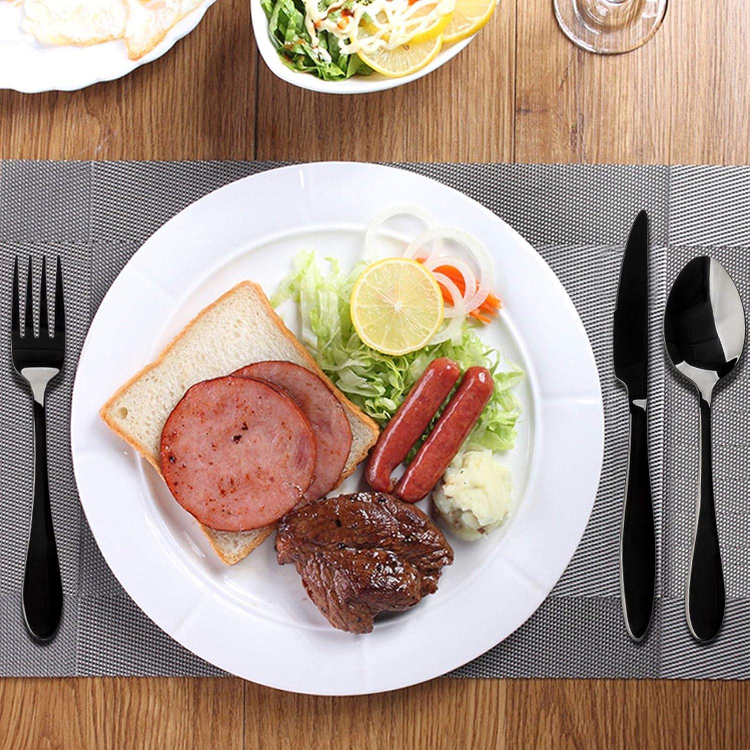 imageEfar Silverware Set 20Piece Black Stainless Steel Flatware Utensil Set Include KnifeSpoonFork Mirror Polished Dishwasher Safe Service for 4Black Streamlined Handle