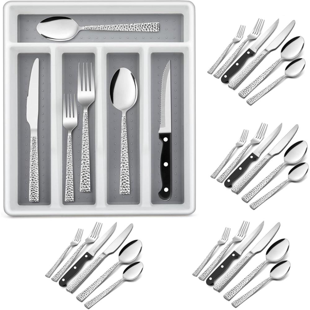 imageEfar 24Piece Silverware Set with Steak Knives and Organizer Square Stainless Steel Cutlery Flatware Set for 4 Basic Tableware Eating Utensil for Kitchen Mirror Polished amp Dishwasher SafeSilver