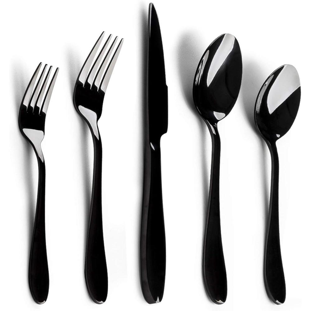 imageEfar Silverware Set 20Piece Black Stainless Steel Flatware Utensil Set Include KnifeSpoonFork Mirror Polished Dishwasher Safe Service for 4Black Streamlined Handle