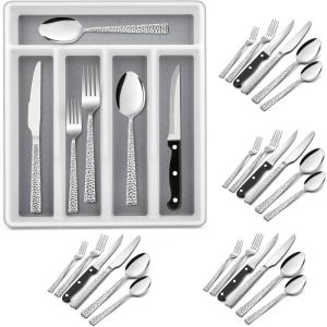 E-far 24-Piece Silverware Set with Steak Knives and Organizer, Square Stainless Steel Cutlery Flatware Set for 4, Basic Tableware Eating Utensil for Kitchen, Mirror Polished & Dishwasher Safe(Silver)