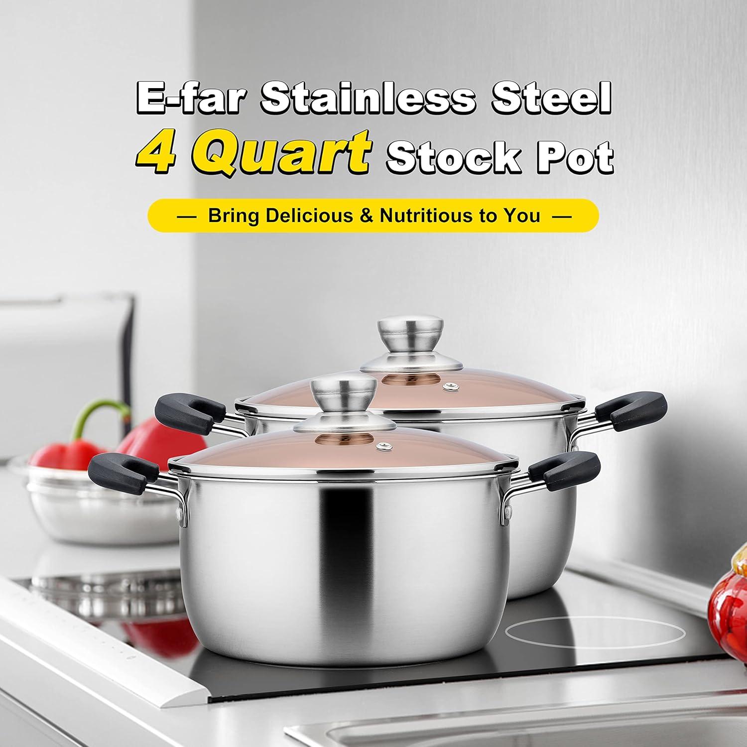 imageEfar 4 Quart Stock Pot Stainless Steel Metal Soup Pot with Glass Lid for Cooking Healthy amp Rust Free Heavy Duty amp Dishwasher Safe4 Quart
