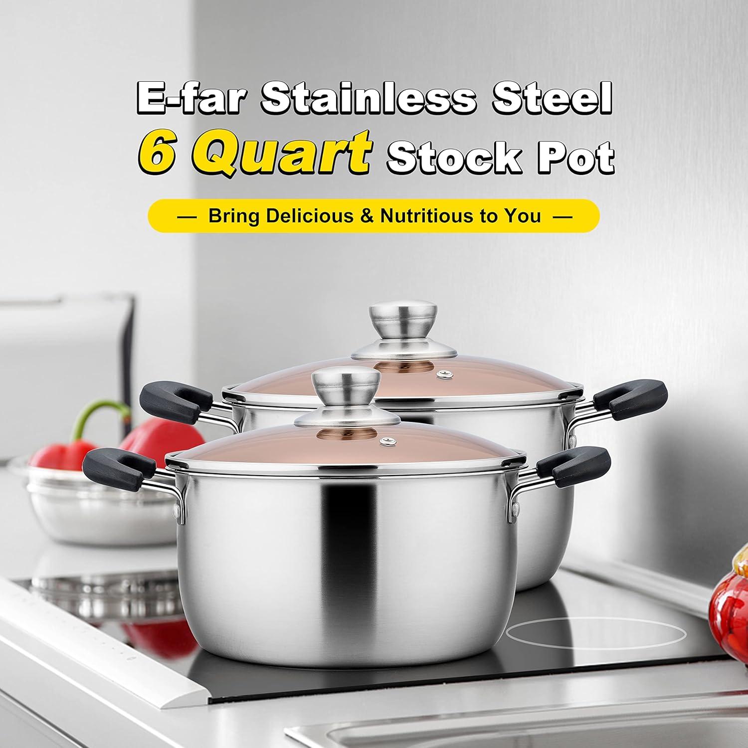 imageEfar 4 Quart Stock Pot Stainless Steel Metal Soup Pot with Glass Lid for Cooking Healthy amp Rust Free Heavy Duty amp Dishwasher Safe6 Quart