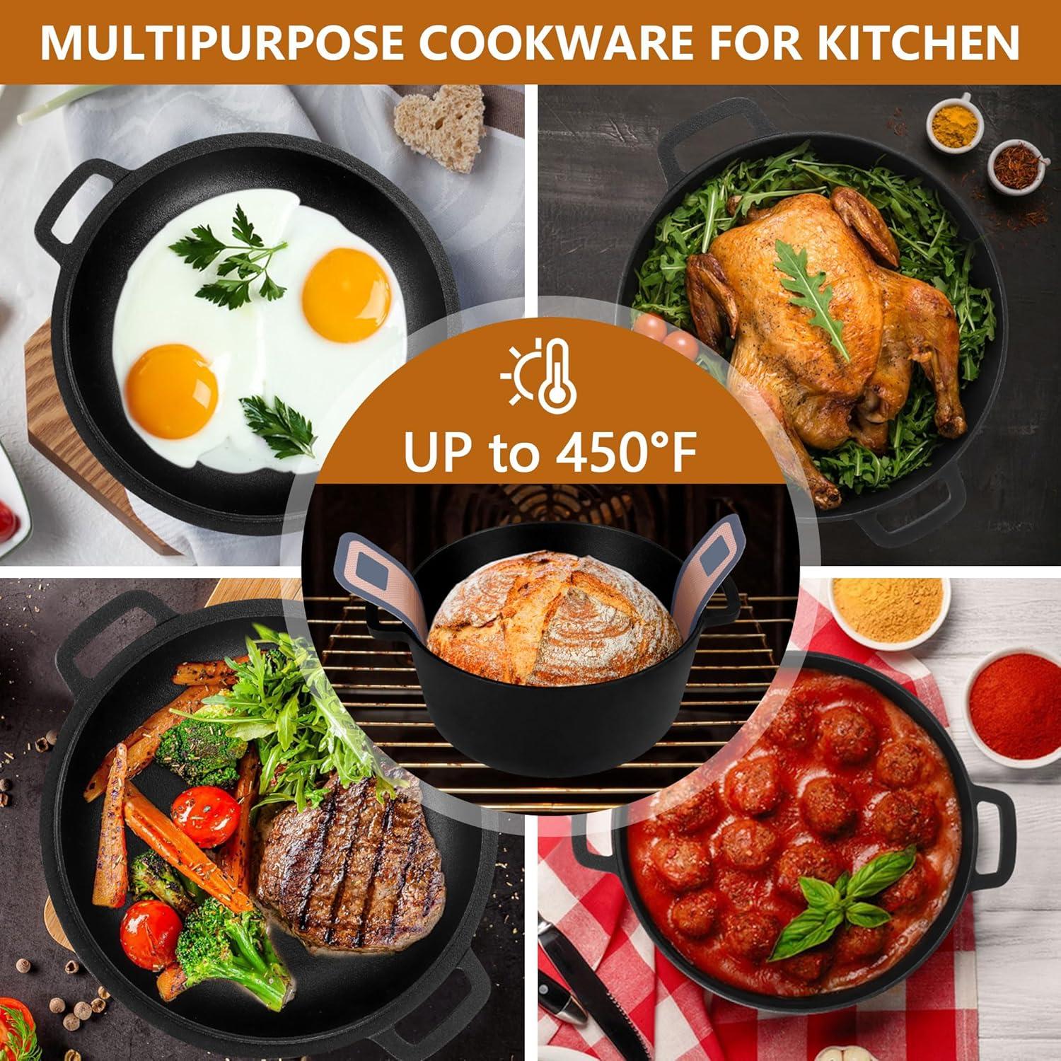 imageEfar PreSeasoned Cast Iron Dutch Oven 5 Quart 2 in 1 Dutch Oven Pot with Skillet Lid and Silicone Bread Sling Ideal for Bread Baking Cooking Stewing Frying Induction amp Oven Safe BlackBlack