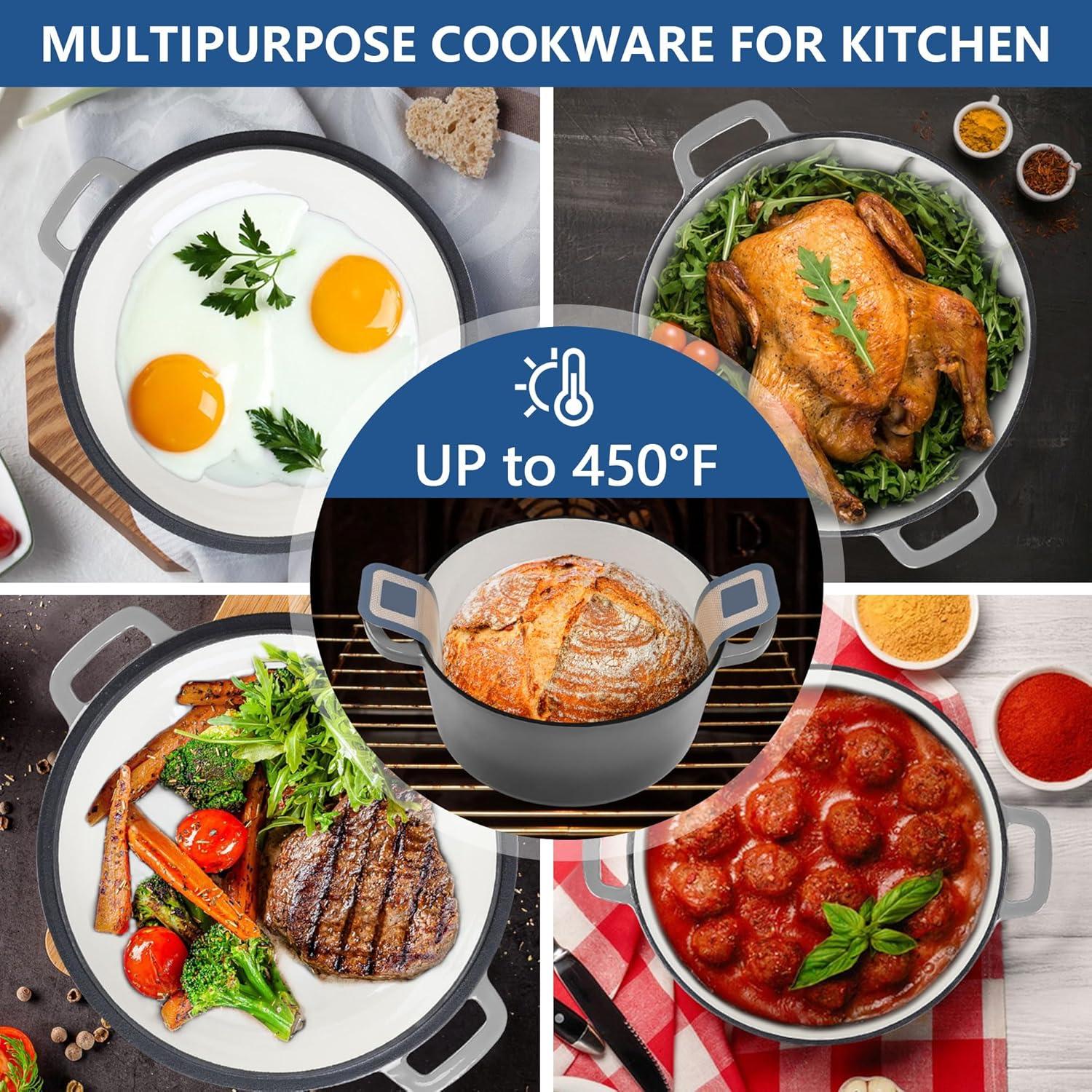 imageEfar PreSeasoned Cast Iron Dutch Oven 5 Quart 2 in 1 Dutch Oven Pot with Skillet Lid and Silicone Bread Sling Ideal for Bread Baking Cooking Stewing Frying Induction amp Oven Safe BlackGray
