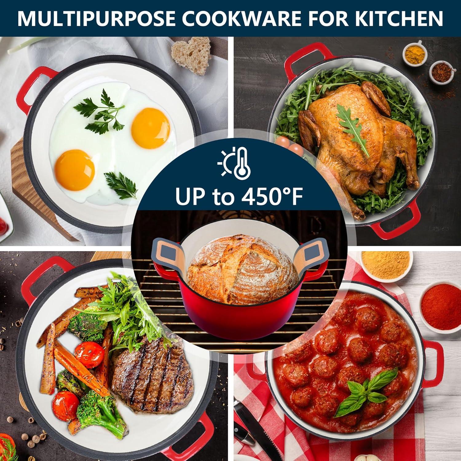 imageEfar PreSeasoned Cast Iron Dutch Oven 5 Quart 2 in 1 Dutch Oven Pot with Skillet Lid and Silicone Bread Sling Ideal for Bread Baking Cooking Stewing Frying Induction amp Oven Safe BlackRed