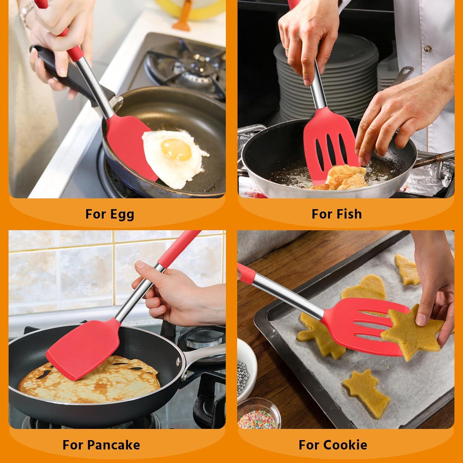 imageEfar Silicone Spatula Set of 2 Solid amp Slotted Turner for Nonstick Cookware Heat Resistant Rubber Kitchen Cooking Utensils for Flipping Fish Pancake Egg BlackRed