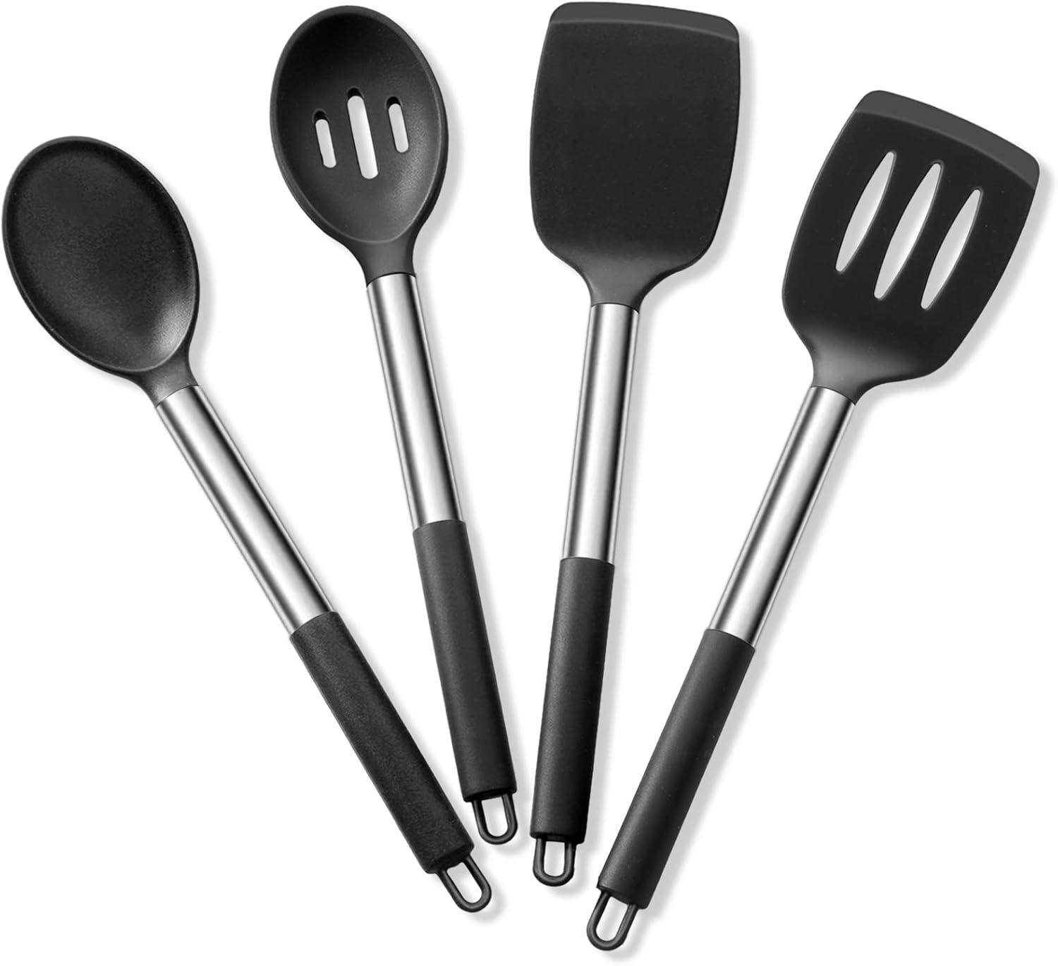 imageEfar Silicone Spatula Set of 2 Solid amp Slotted Turner for Nonstick Cookware Heat Resistant Rubber Kitchen Cooking Utensils for Flipping Fish Pancake Egg BlackBlack