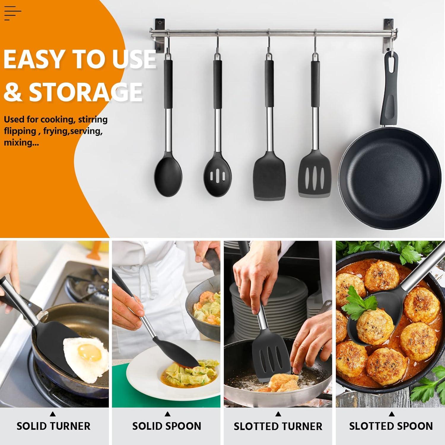 imageEfar Silicone Spatula Set of 2 Solid amp Slotted Turner for Nonstick Cookware Heat Resistant Rubber Kitchen Cooking Utensils for Flipping Fish Pancake Egg BlackBlack