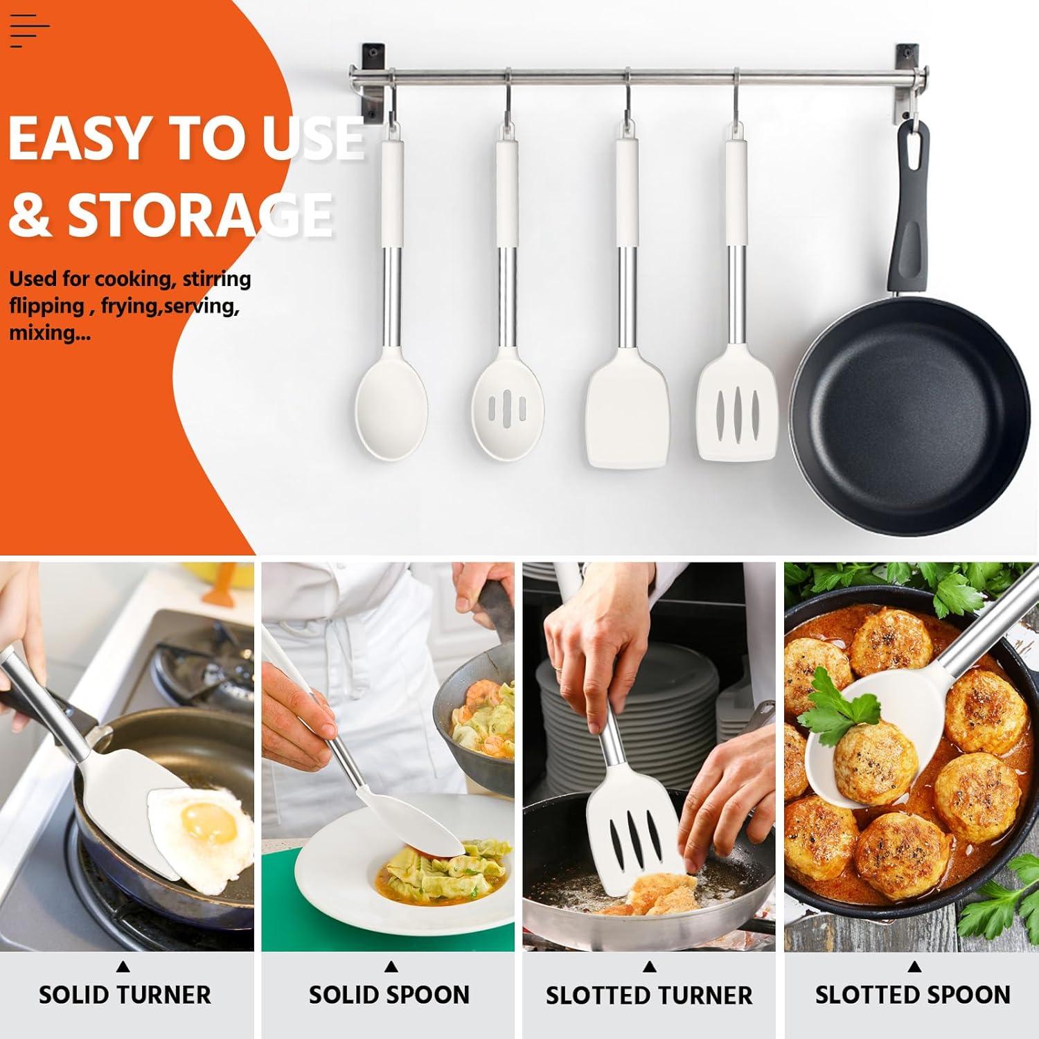 imageEfar Silicone Spatula Set of 2 Solid amp Slotted Turner for Nonstick Cookware Heat Resistant Rubber Kitchen Cooking Utensils for Flipping Fish Pancake Egg BlackWhite