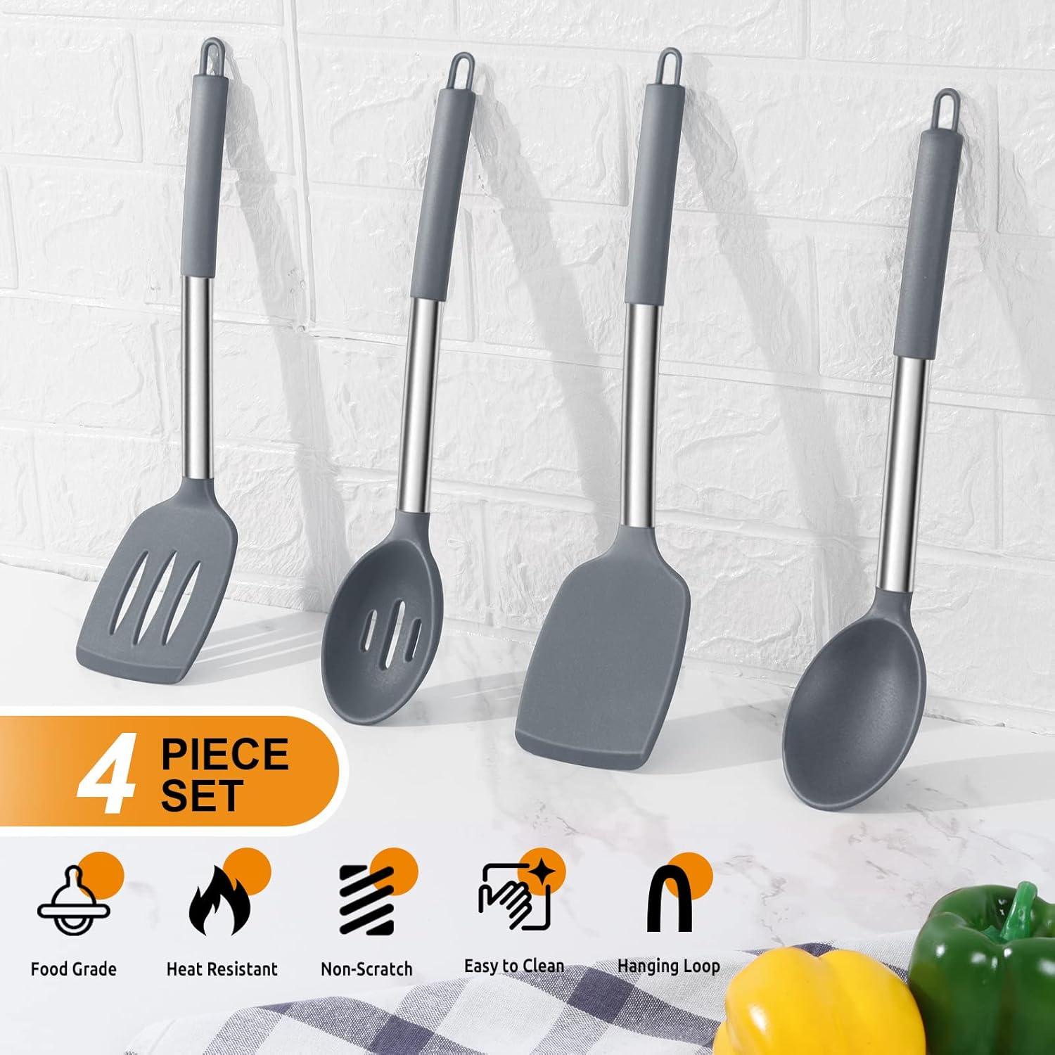 imageEfar Silicone Spatula Set of 2 Solid amp Slotted Turner for Nonstick Cookware Heat Resistant Rubber Kitchen Cooking Utensils for Flipping Fish Pancake Egg BlackGray
