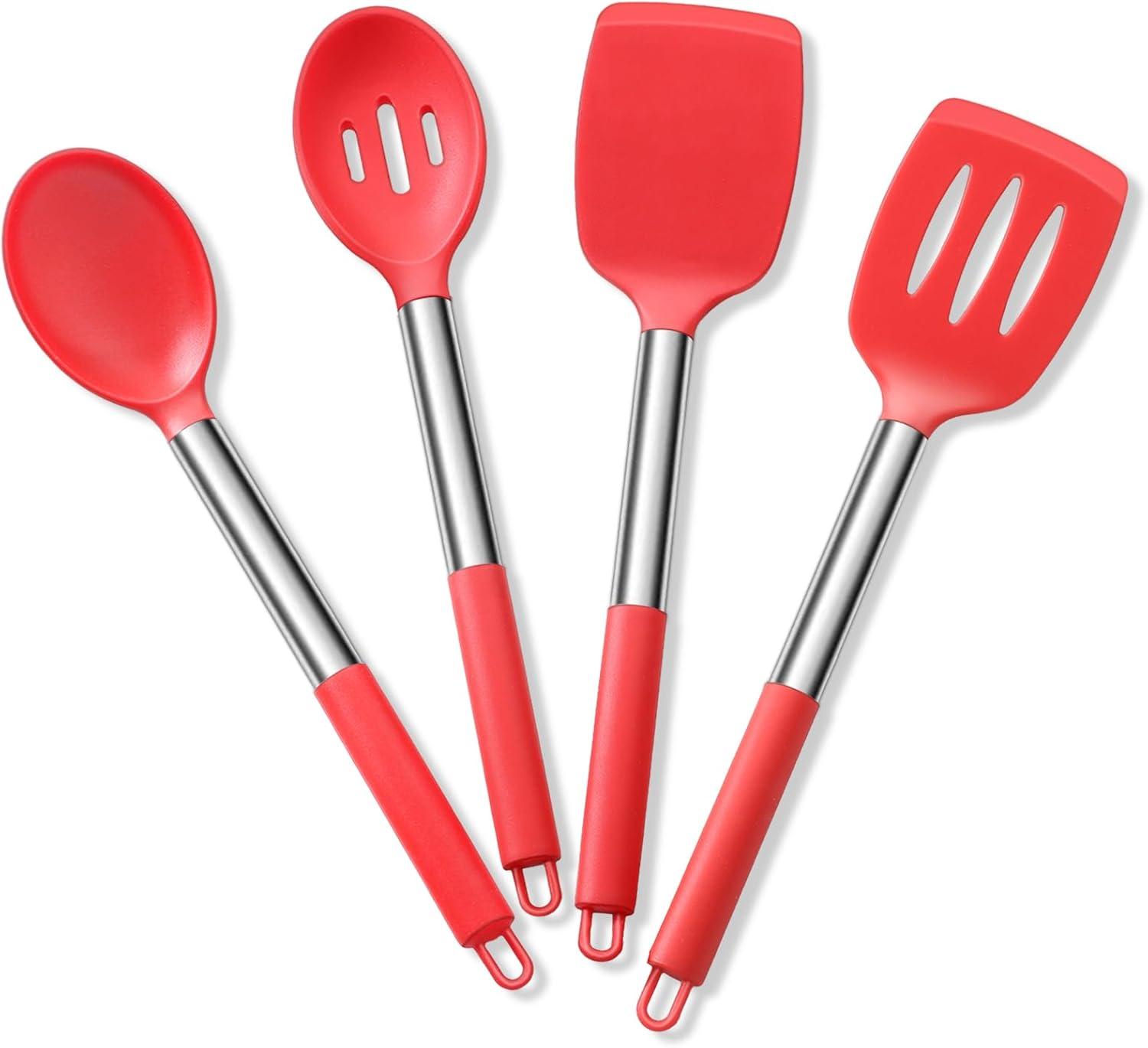 imageEfar Silicone Spatula Set of 2 Solid amp Slotted Turner for Nonstick Cookware Heat Resistant Rubber Kitchen Cooking Utensils for Flipping Fish Pancake Egg BlackRed