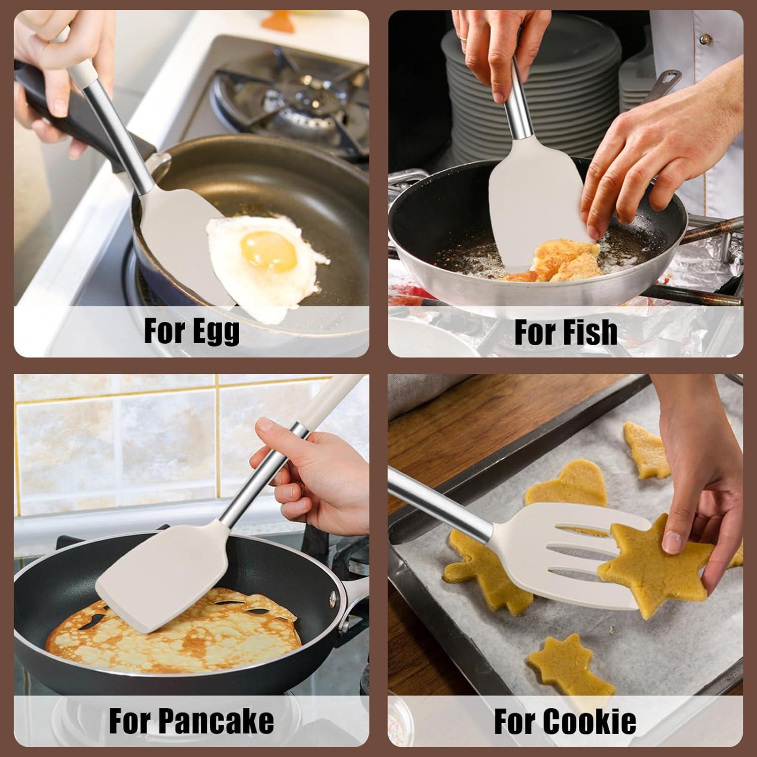 imageEfar Silicone Spatula Set of 2 Solid amp Slotted Turner for Nonstick Cookware Heat Resistant Rubber Kitchen Cooking Utensils for Flipping Fish Pancake Egg BlackKhaki