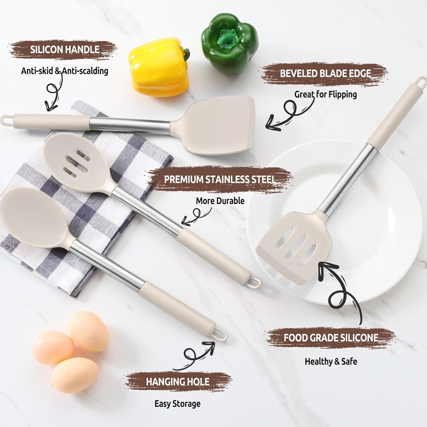 imageEfar Silicone Spatula Set of 2 Solid amp Slotted Turner for Nonstick Cookware Heat Resistant Rubber Kitchen Cooking Utensils for Flipping Fish Pancake Egg BlackKhaki