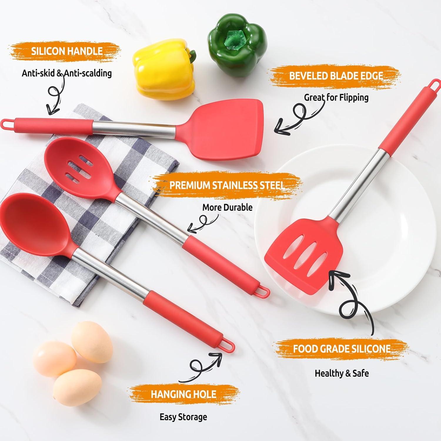imageEfar Silicone Spatula Set of 2 Solid amp Slotted Turner for Nonstick Cookware Heat Resistant Rubber Kitchen Cooking Utensils for Flipping Fish Pancake Egg BlackRed