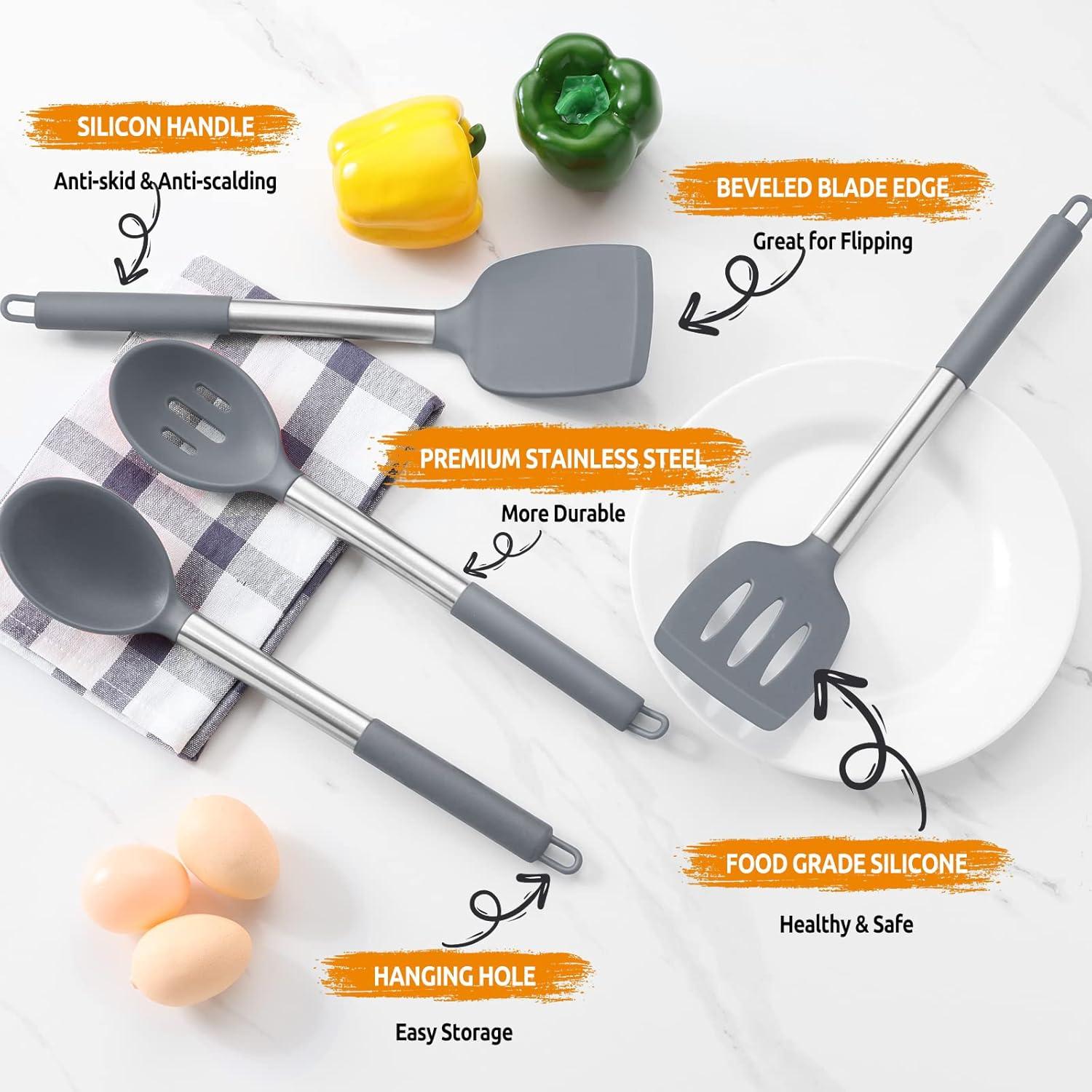 imageEfar Silicone Spatula Set of 2 Solid amp Slotted Turner for Nonstick Cookware Heat Resistant Rubber Kitchen Cooking Utensils for Flipping Fish Pancake Egg BlackGray