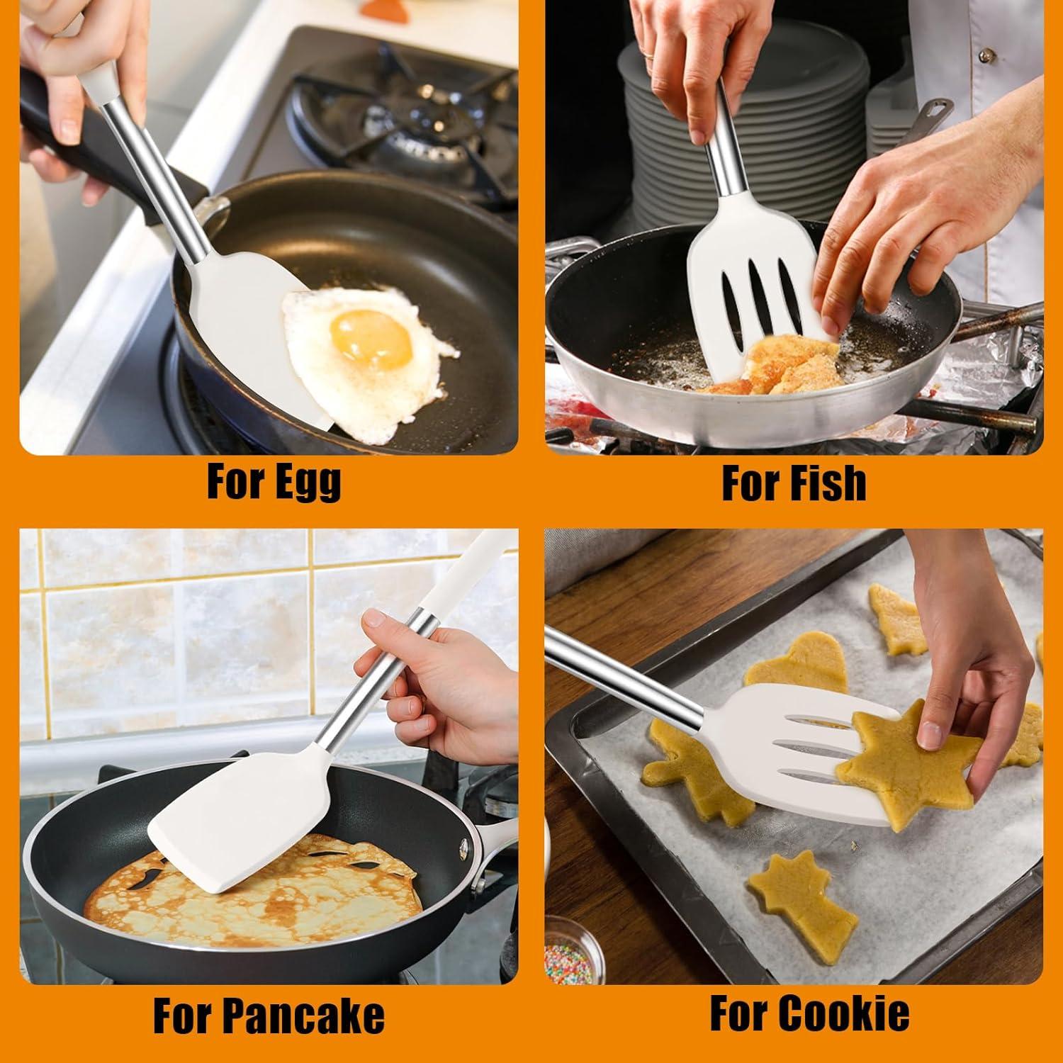 imageEfar Silicone Spatula Set of 2 Solid amp Slotted Turner for Nonstick Cookware Heat Resistant Rubber Kitchen Cooking Utensils for Flipping Fish Pancake Egg BlackWhite