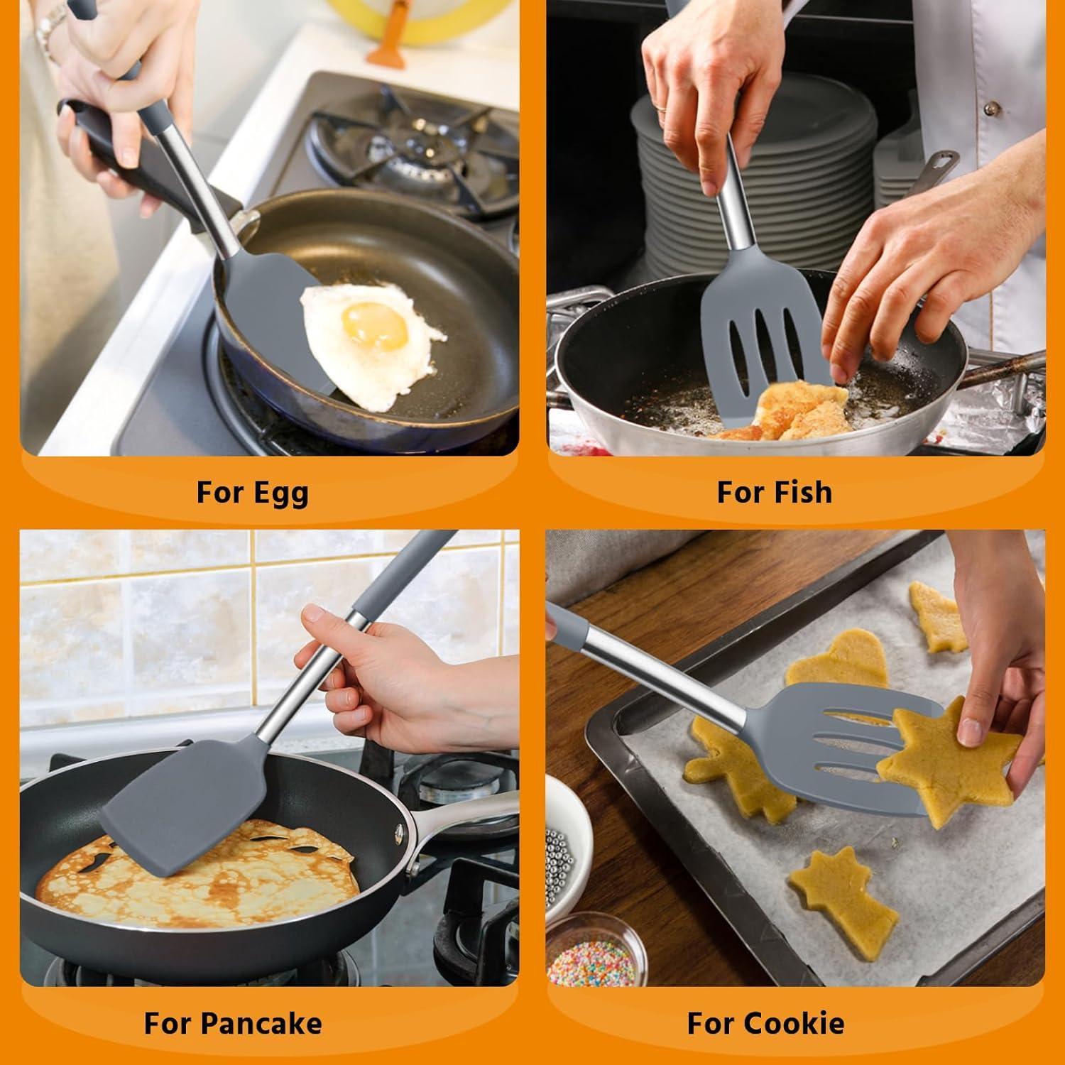 imageEfar Silicone Spatula Set of 2 Solid amp Slotted Turner for Nonstick Cookware Heat Resistant Rubber Kitchen Cooking Utensils for Flipping Fish Pancake Egg BlackGray