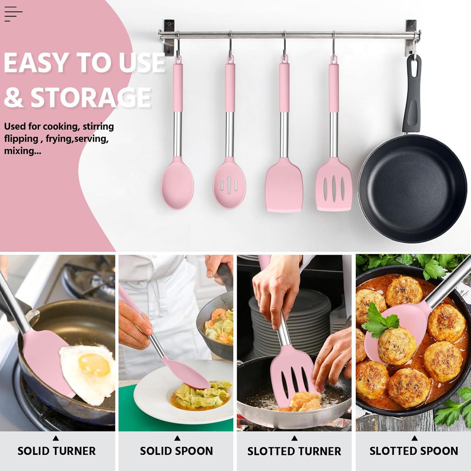 imageEfar Silicone Spatula Set of 2 Solid amp Slotted Turner for Nonstick Cookware Heat Resistant Rubber Kitchen Cooking Utensils for Flipping Fish Pancake Egg BlackPink