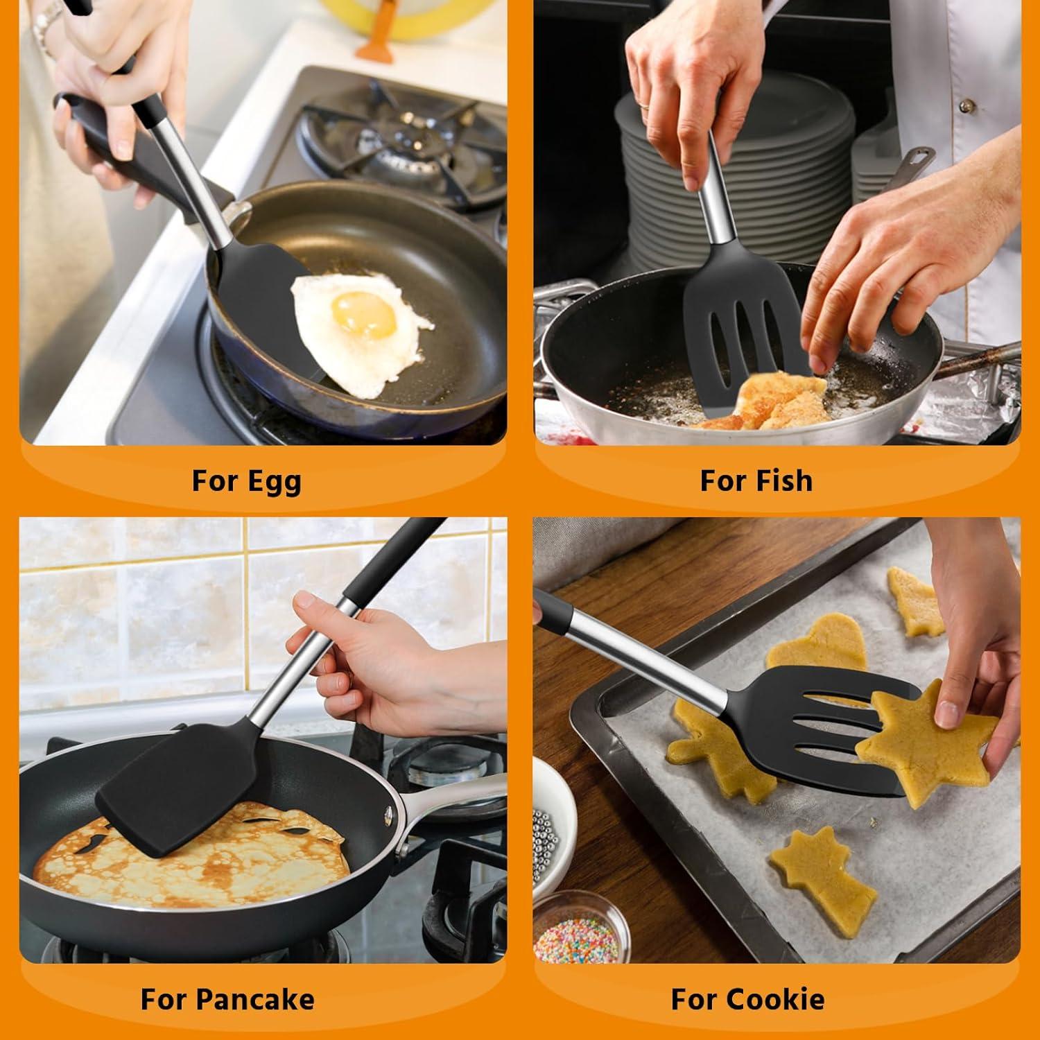 imageEfar Silicone Spatula Set of 2 Solid amp Slotted Turner for Nonstick Cookware Heat Resistant Rubber Kitchen Cooking Utensils for Flipping Fish Pancake Egg BlackBlack
