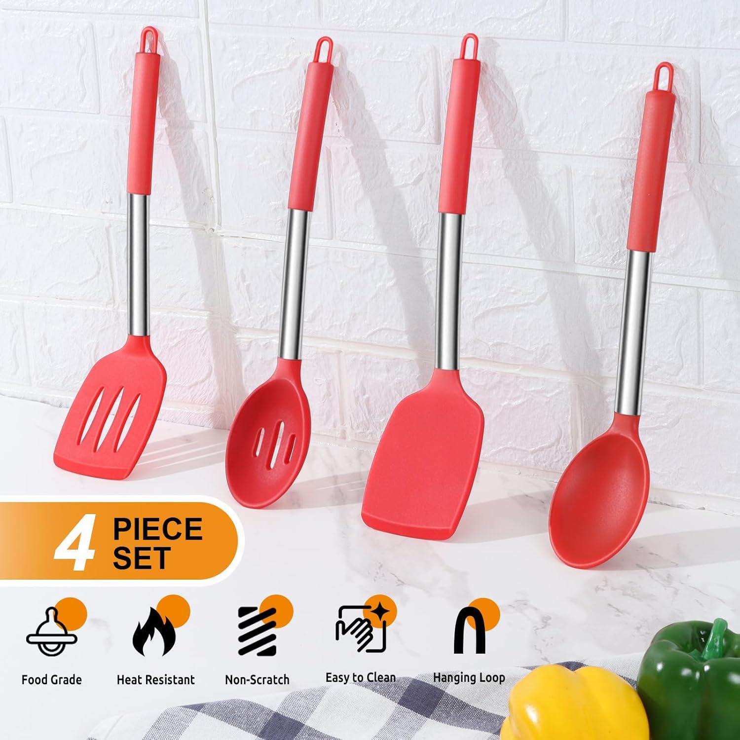 imageEfar Silicone Spatula Set of 2 Solid amp Slotted Turner for Nonstick Cookware Heat Resistant Rubber Kitchen Cooking Utensils for Flipping Fish Pancake Egg BlackRed