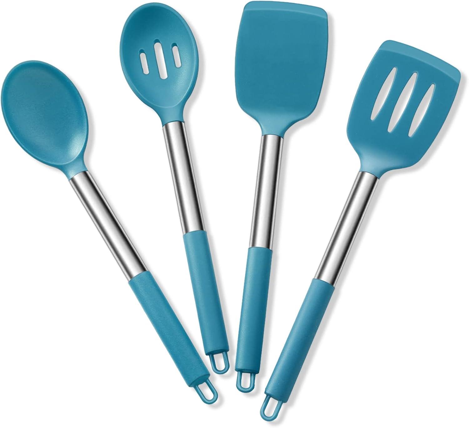 imageEfar Silicone Spatula Set of 2 Solid amp Slotted Turner for Nonstick Cookware Heat Resistant Rubber Kitchen Cooking Utensils for Flipping Fish Pancake Egg BlackTeal Blue