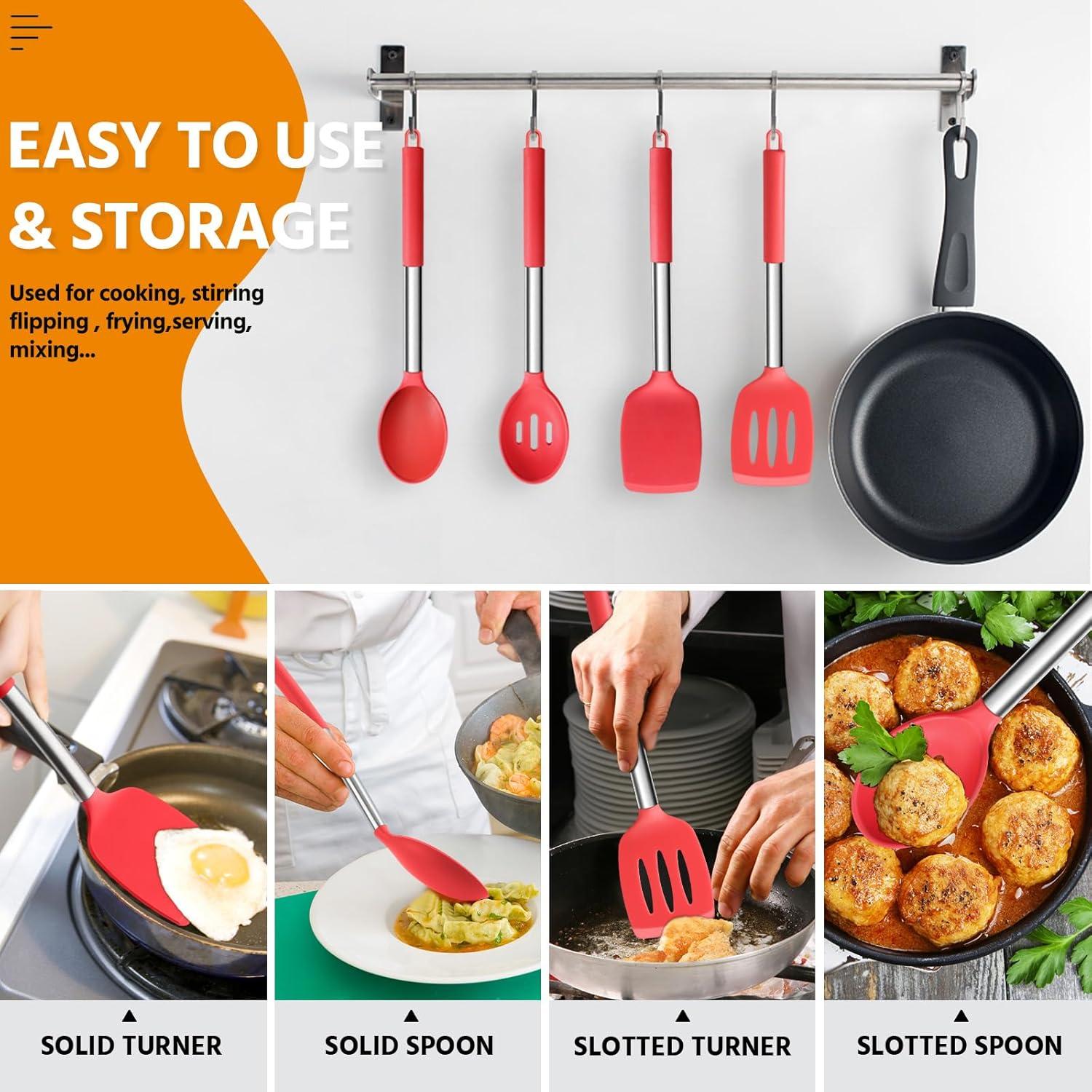 imageEfar Silicone Spatula Set of 2 Solid amp Slotted Turner for Nonstick Cookware Heat Resistant Rubber Kitchen Cooking Utensils for Flipping Fish Pancake Egg BlackRed