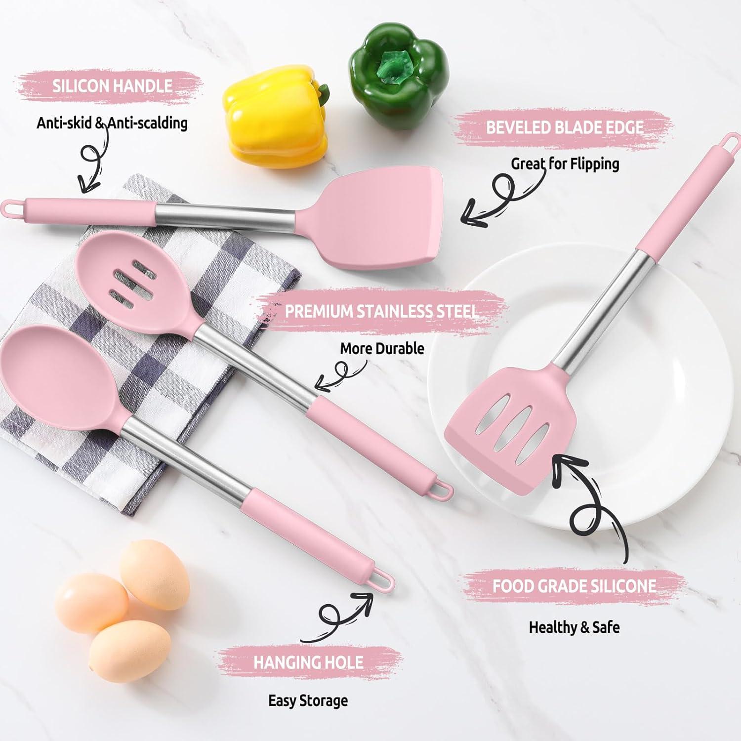 imageEfar Silicone Spatula Set of 2 Solid amp Slotted Turner for Nonstick Cookware Heat Resistant Rubber Kitchen Cooking Utensils for Flipping Fish Pancake Egg BlackPink
