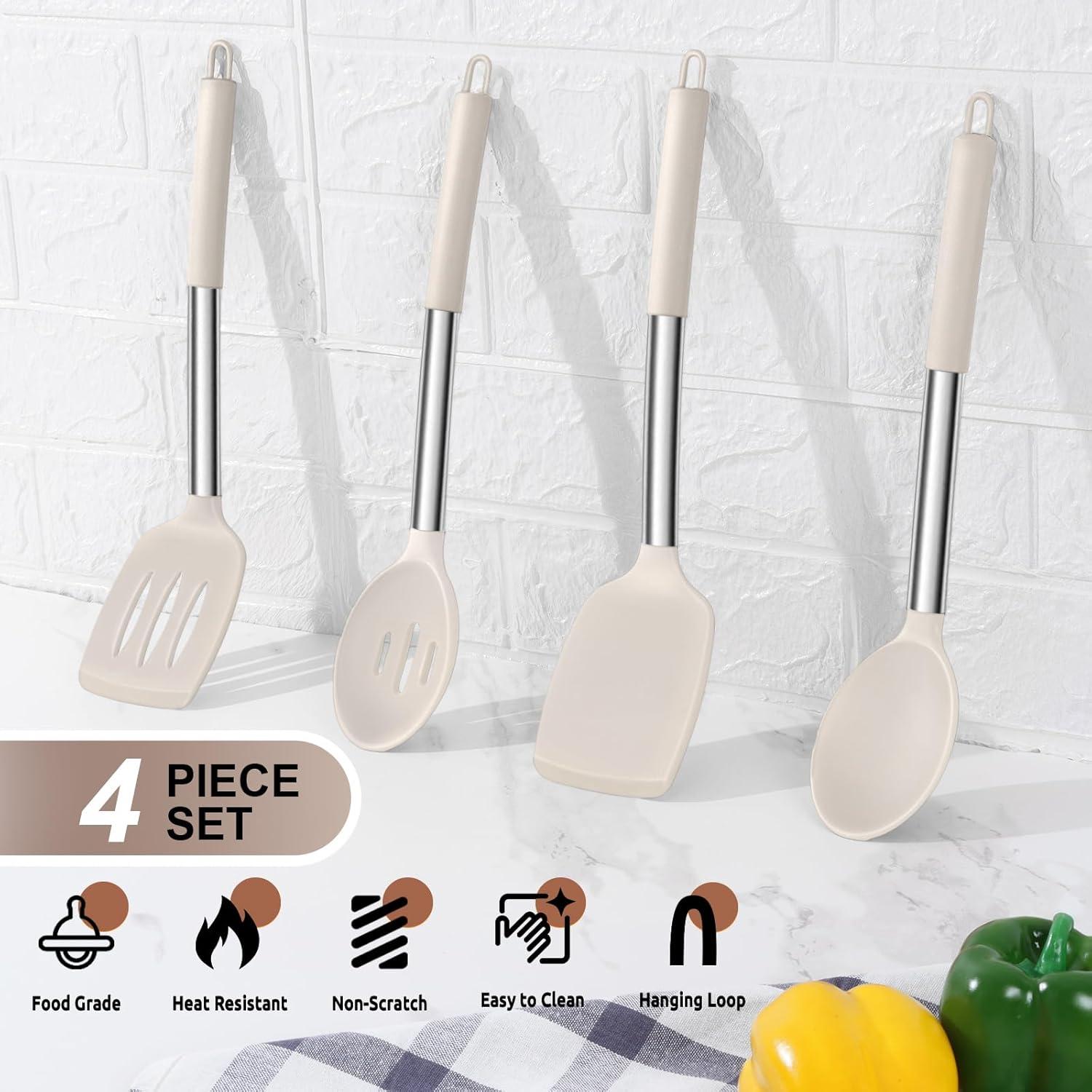 imageEfar Silicone Spatula Set of 2 Solid amp Slotted Turner for Nonstick Cookware Heat Resistant Rubber Kitchen Cooking Utensils for Flipping Fish Pancake Egg BlackKhaki