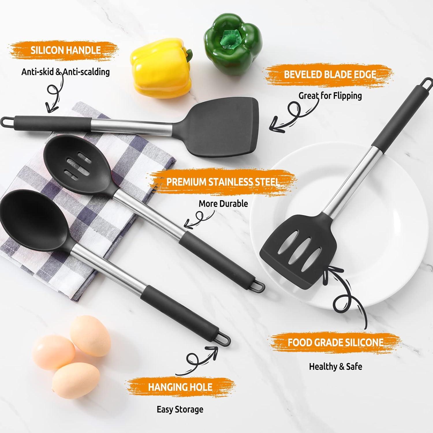 imageEfar Silicone Spatula Set of 2 Solid amp Slotted Turner for Nonstick Cookware Heat Resistant Rubber Kitchen Cooking Utensils for Flipping Fish Pancake Egg BlackBlack
