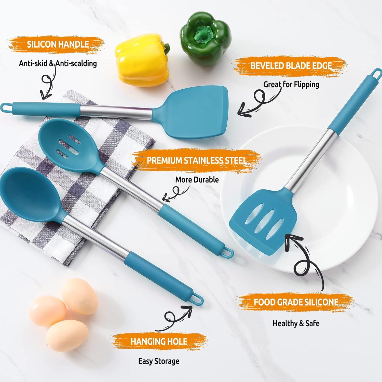 imageEfar Silicone Spatula Set of 2 Solid amp Slotted Turner for Nonstick Cookware Heat Resistant Rubber Kitchen Cooking Utensils for Flipping Fish Pancake Egg BlackTeal Blue
