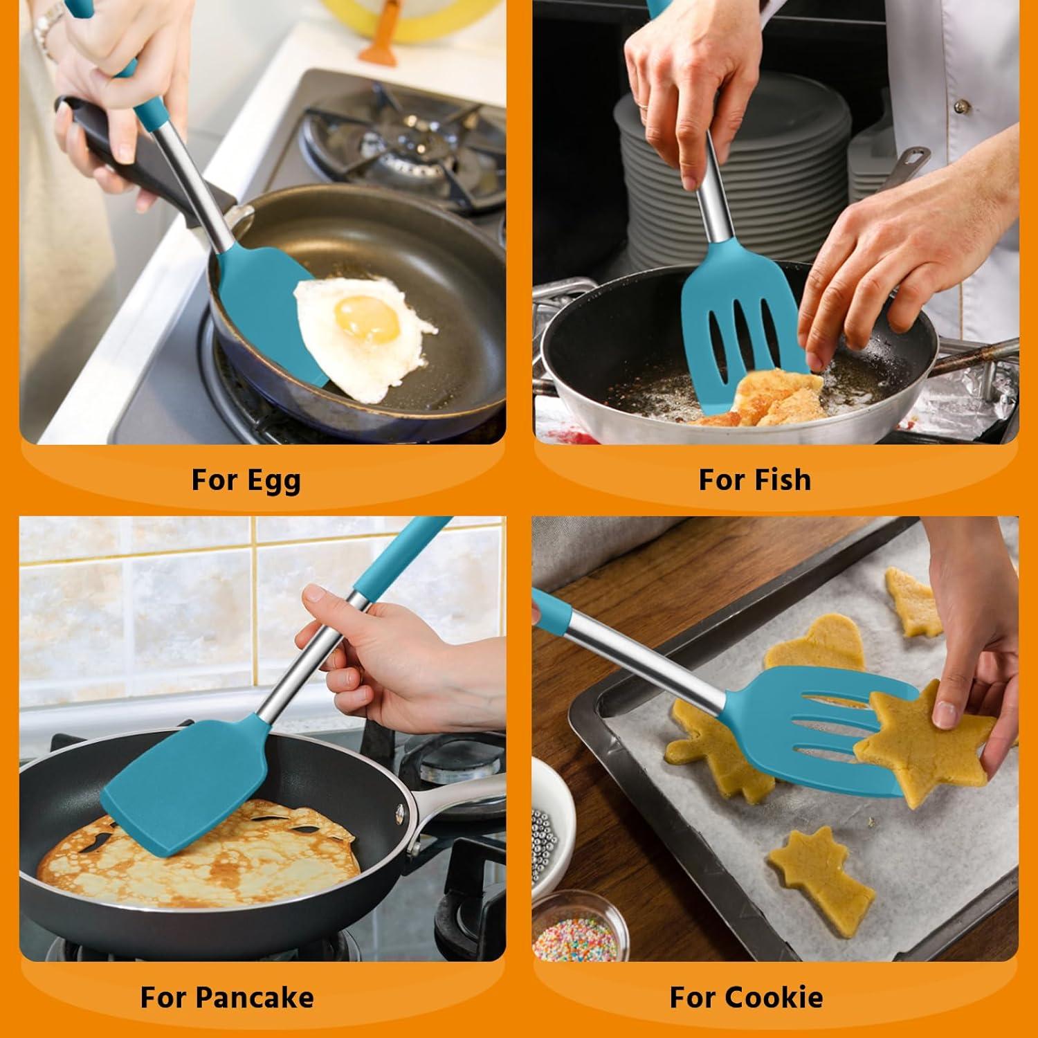 imageEfar Silicone Spatula Set of 2 Solid amp Slotted Turner for Nonstick Cookware Heat Resistant Rubber Kitchen Cooking Utensils for Flipping Fish Pancake Egg BlackTeal Blue