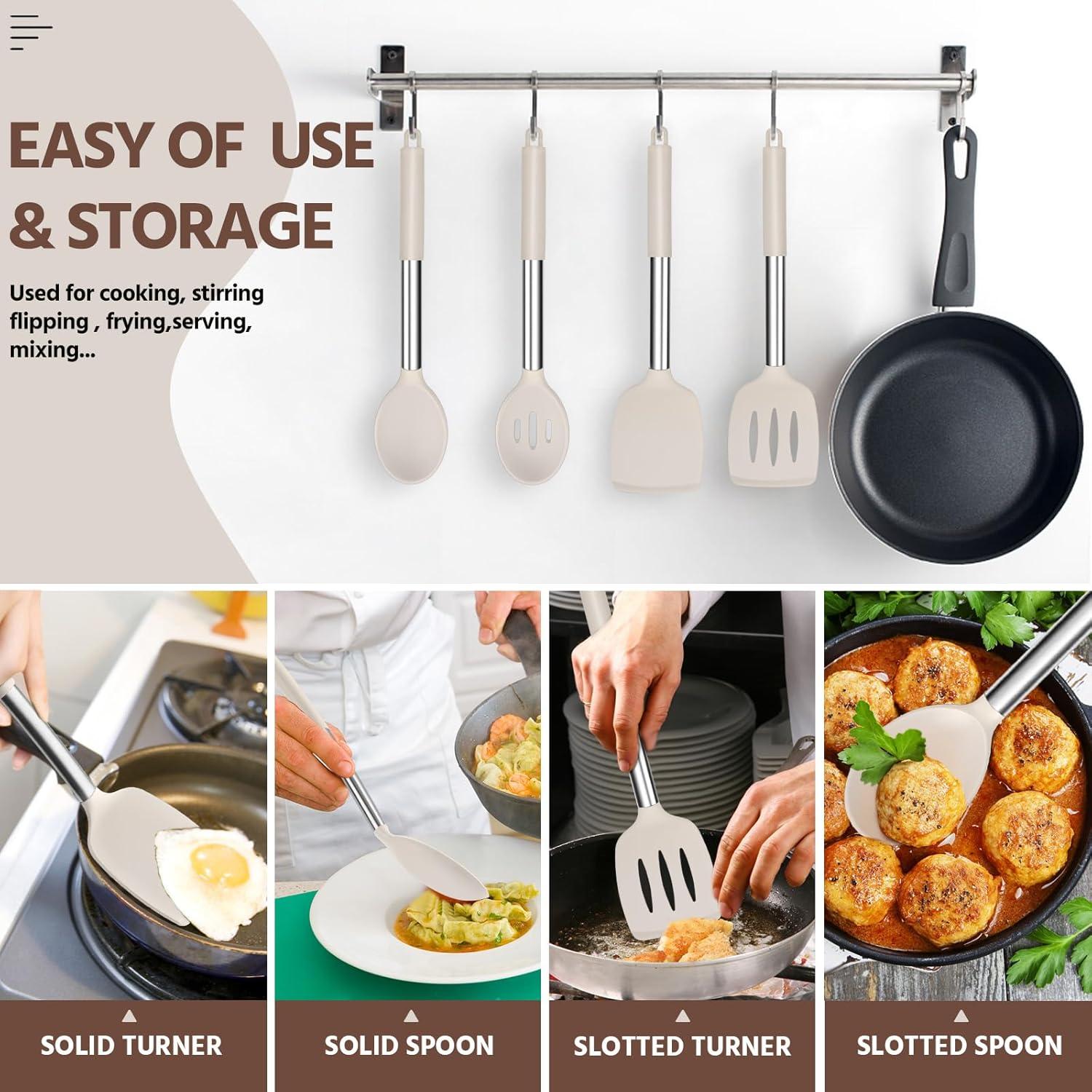 imageEfar Silicone Spatula Set of 2 Solid amp Slotted Turner for Nonstick Cookware Heat Resistant Rubber Kitchen Cooking Utensils for Flipping Fish Pancake Egg BlackKhaki