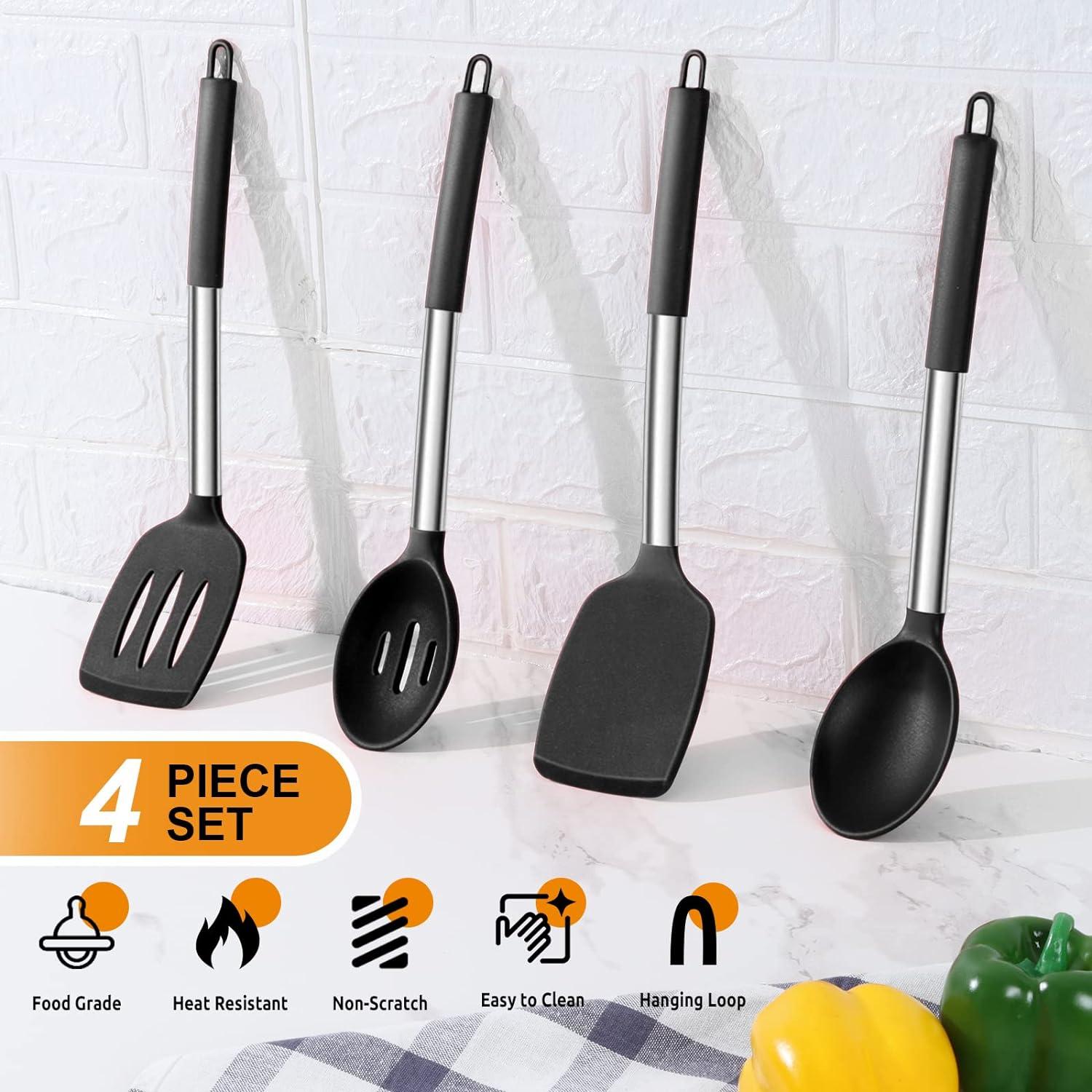 imageEfar Silicone Spatula Set of 2 Solid amp Slotted Turner for Nonstick Cookware Heat Resistant Rubber Kitchen Cooking Utensils for Flipping Fish Pancake Egg BlackBlack