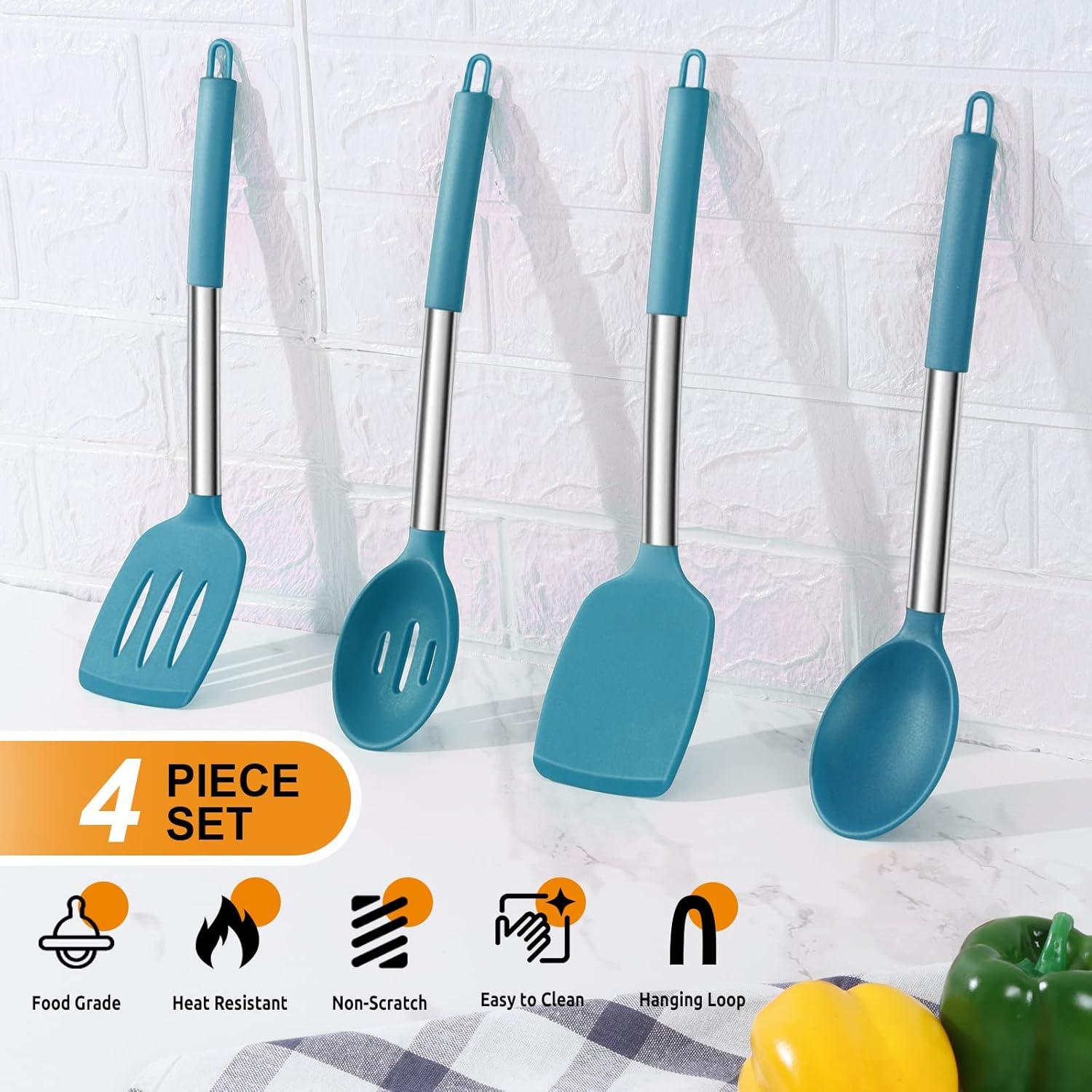 imageEfar Silicone Spatula Set of 2 Solid amp Slotted Turner for Nonstick Cookware Heat Resistant Rubber Kitchen Cooking Utensils for Flipping Fish Pancake Egg BlackTeal Blue