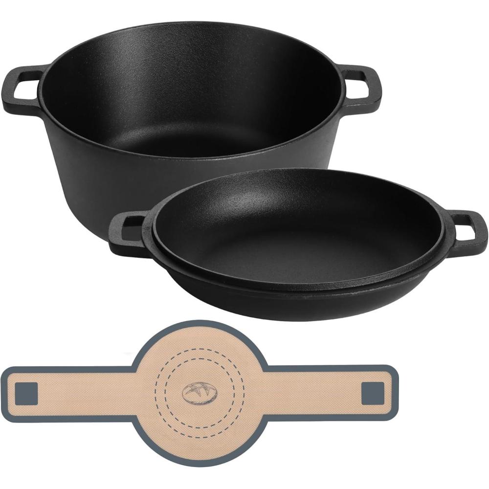 imageEfar PreSeasoned Cast Iron Dutch Oven 5 Quart 2 in 1 Dutch Oven Pot with Skillet Lid and Silicone Bread Sling Ideal for Bread Baking Cooking Stewing Frying Induction amp Oven Safe  BlackBlack