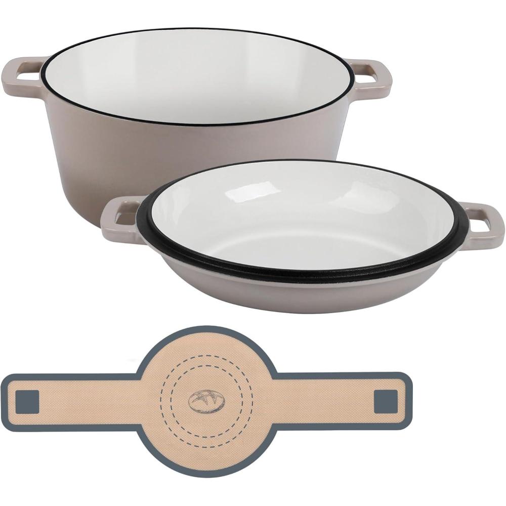 imageEfar PreSeasoned Cast Iron Dutch Oven 5 Quart 2 in 1 Dutch Oven Pot with Skillet Lid and Silicone Bread Sling Ideal for Bread Baking Cooking Stewing Frying Induction amp Oven Safe  BlackKhaki
